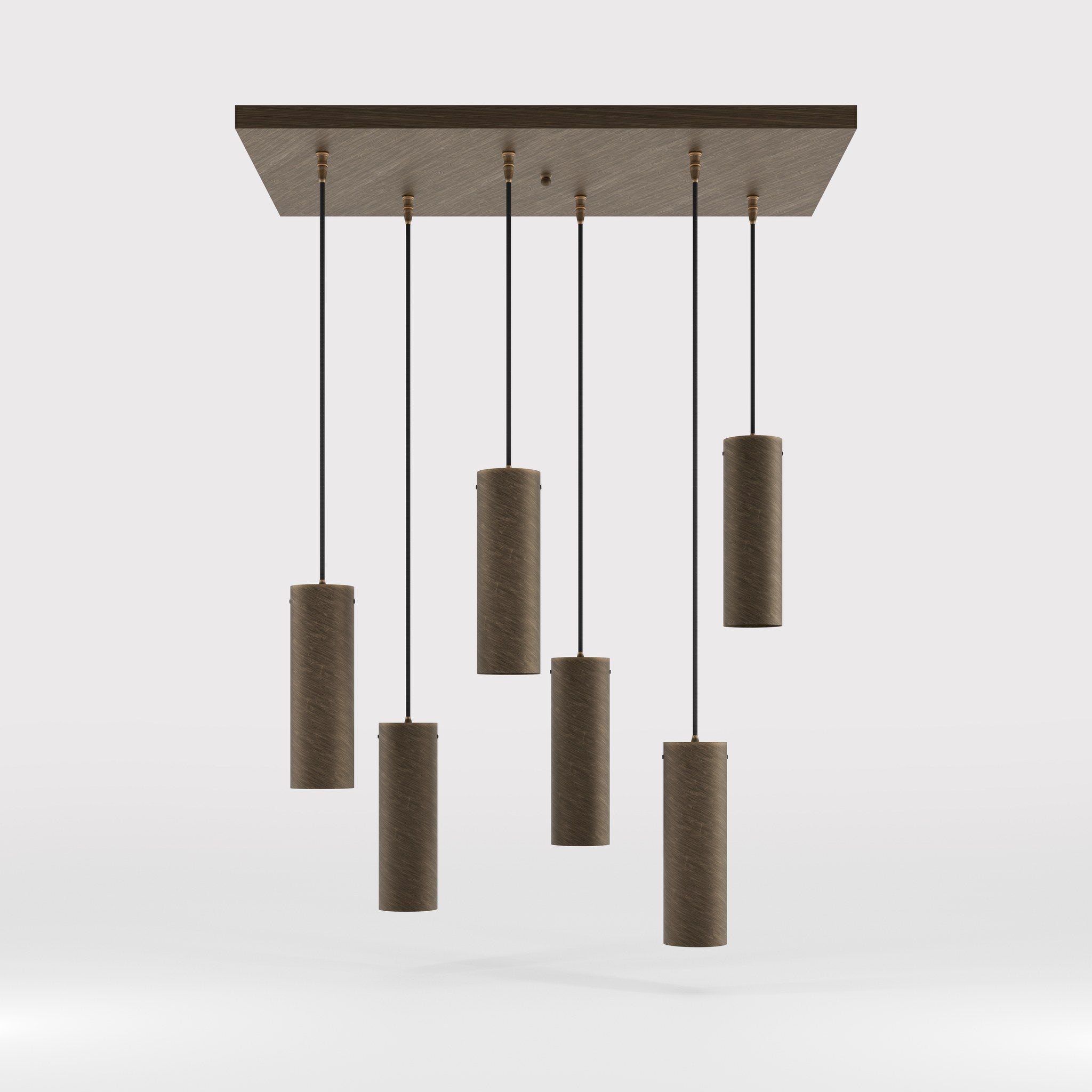 Modern pendant lamp with six brass cylinders arranged in cascade pattern, rectangular base, adjustable fabric cables, Venere design by Ghidini 1849 - Finish: OBM Bronze Satin Matt Brass