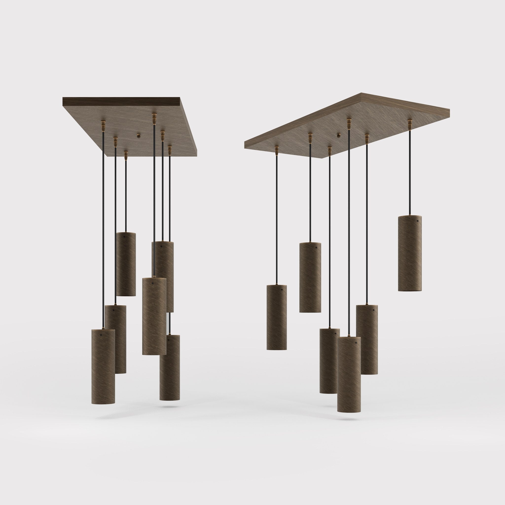 Modern pendant lamp with six brass cylinders arranged in cascade pattern, rectangular base, adjustable fabric cables, Venere design by Ghidini 1849 - Finish: OBM Bronze Satin Matt Brass