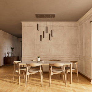 Modern pendant lamp with six brass cylinders arranged in cascade pattern, rectangular base, adjustable fabric cables, Venere design by Ghidini 1849 - Finish: OBM Bronze Satin Matt Brass