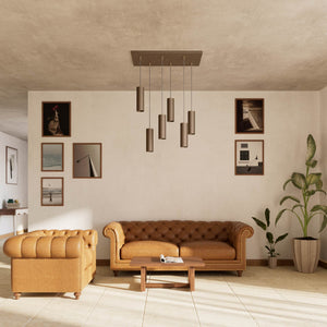 Modern pendant lamp with six brass cylinders arranged in cascade pattern, rectangular base, adjustable fabric cables, Venere design by Ghidini 1849 - Finish: OBM Bronze Satin Matt Brass