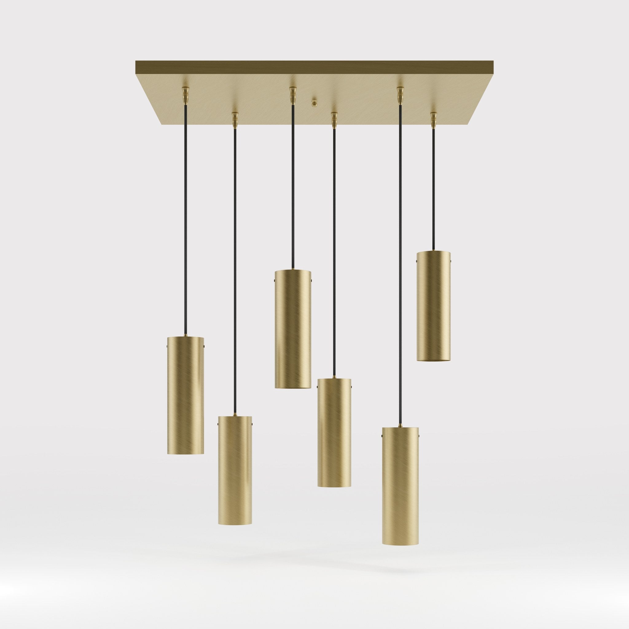Modern pendant lamp with six brass cylinders arranged in cascade pattern, rectangular base, adjustable fabric cables, Venere design by Ghidini 1849 - Finish: OBV Bronze Satin Light Brass