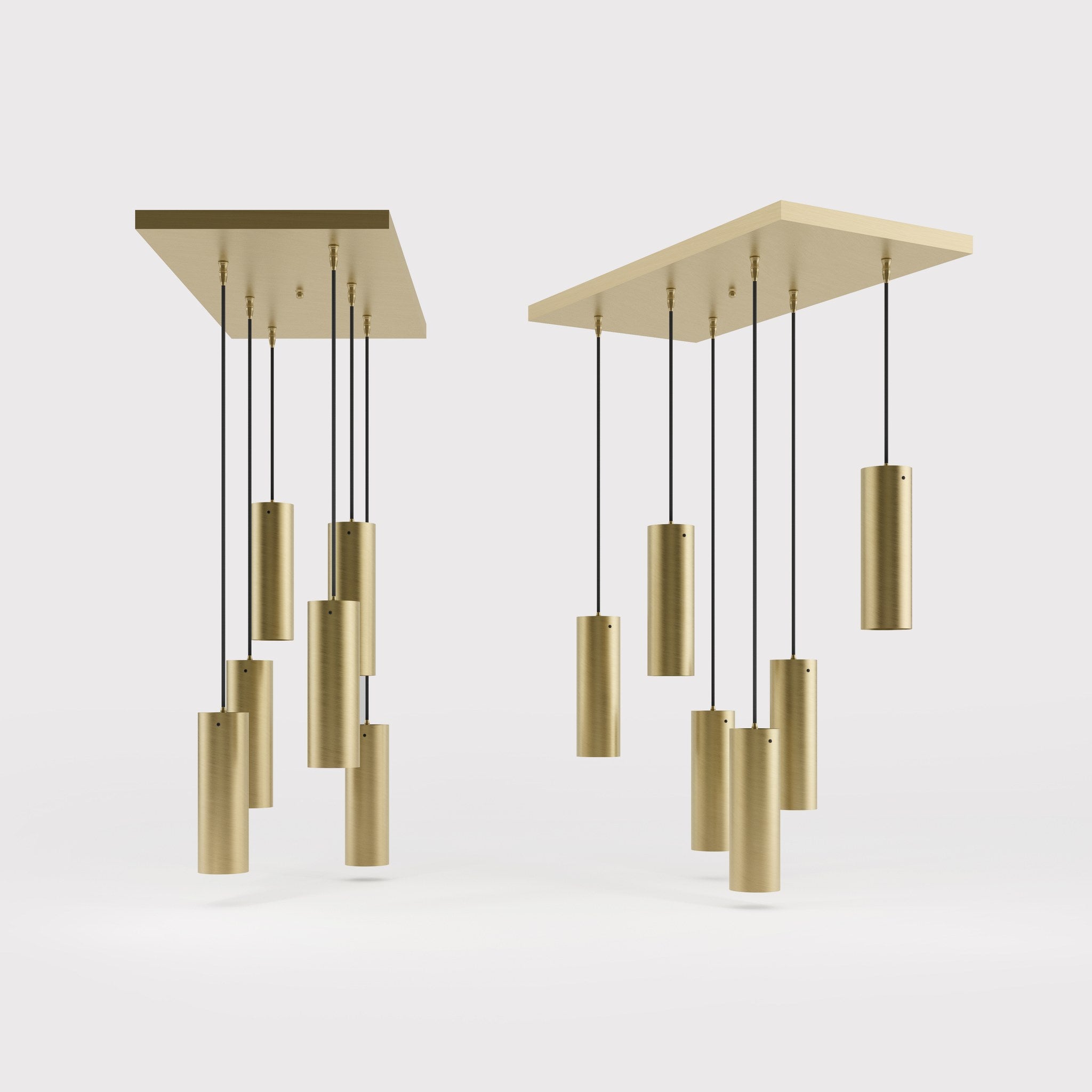 Modern pendant lamp with six brass cylinders arranged in cascade pattern, rectangular base, adjustable fabric cables, Venere design by Ghidini 1849 - Finish: OBV Bronze Satin Light Brass