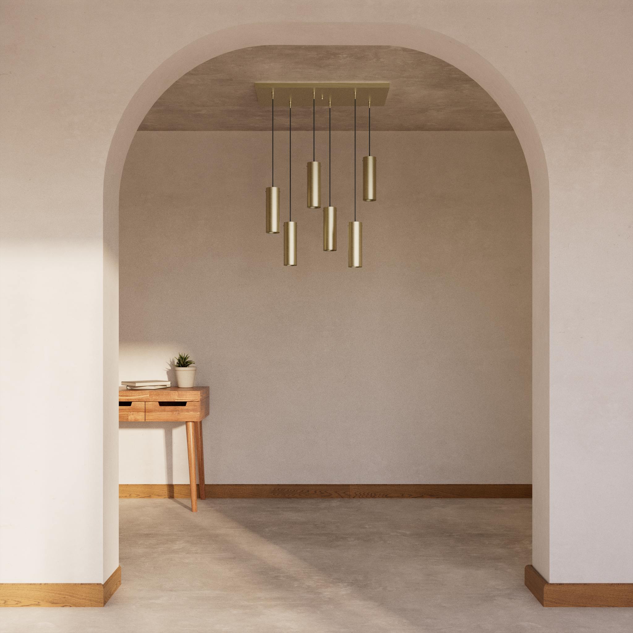 Modern pendant lamp with six brass cylinders arranged in cascade pattern, rectangular base, adjustable fabric cables, Venere design by Ghidini 1849 - Finish: OBV Bronze Satin Light Brass