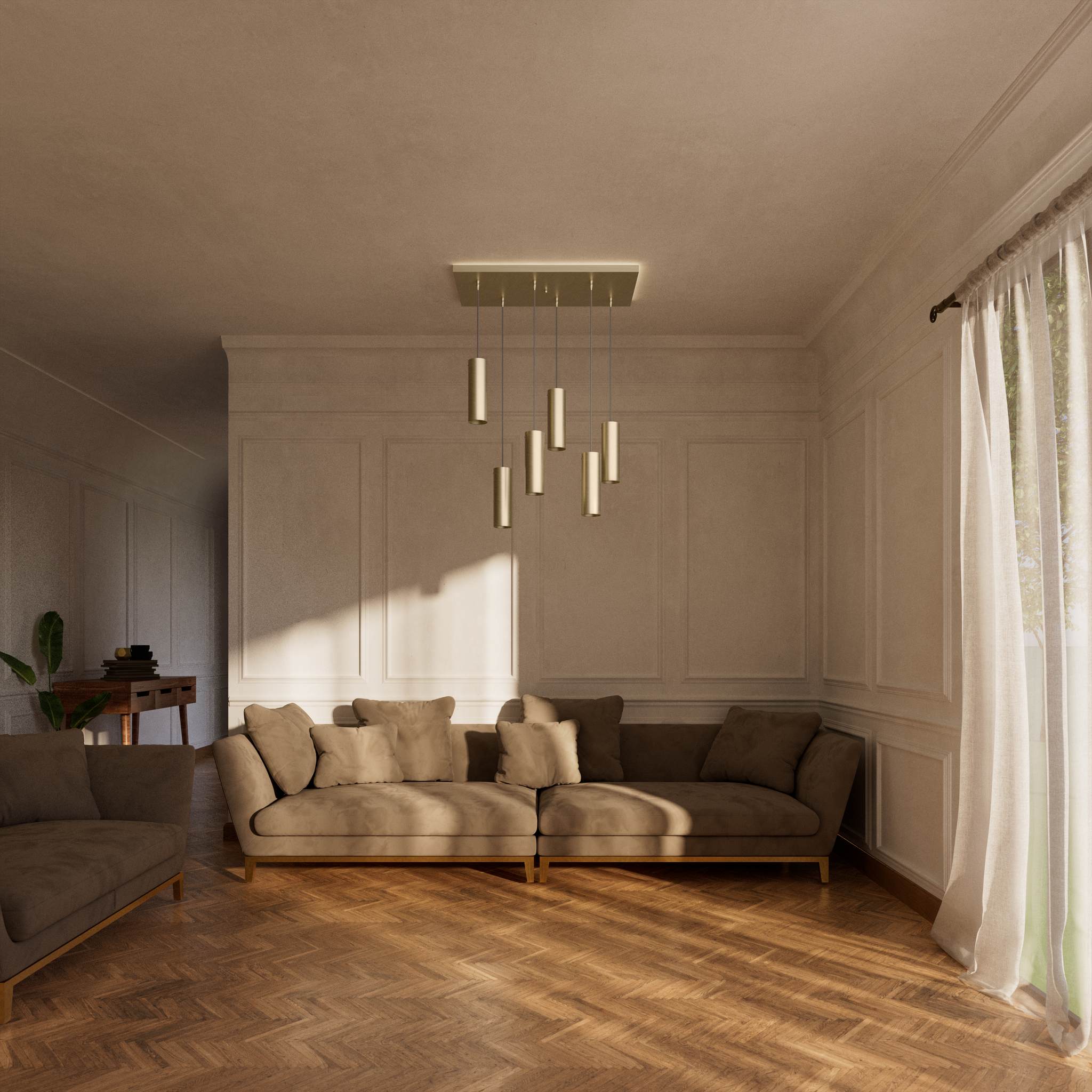 Modern pendant lamp with six brass cylinders arranged in cascade pattern, rectangular base, adjustable fabric cables, Venere design by Ghidini 1849 - Finish: OBV Bronze Satin Light Brass