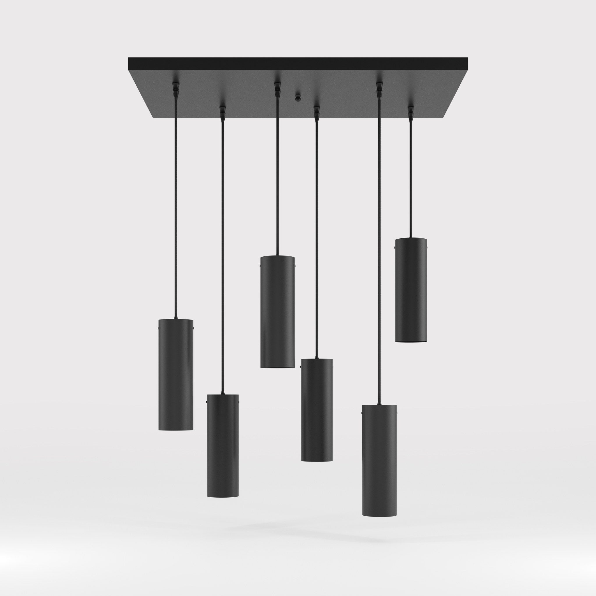 Modern pendant lamp with six brass cylinders arranged in cascade pattern, rectangular base, adjustable fabric cables, Venere design by Ghidini 1849 - Finish: ONO Matt Black