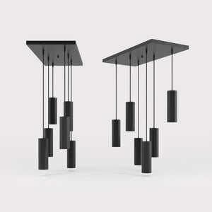 Modern pendant lamp with six brass cylinders arranged in cascade pattern, rectangular base, adjustable fabric cables, Venere design by Ghidini 1849 - Finish: ONO Matt Black