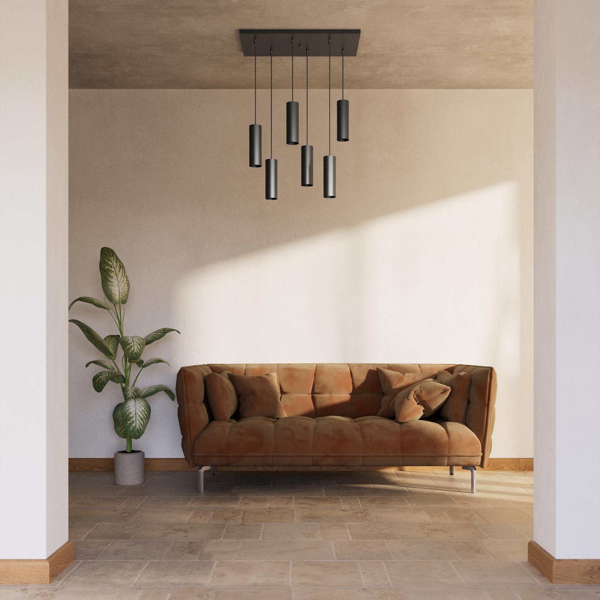 Modern pendant lamp with six brass cylinders arranged in cascade pattern, rectangular base, adjustable fabric cables, Venere design by Ghidini 1849 - Finish: ONO Matt Black