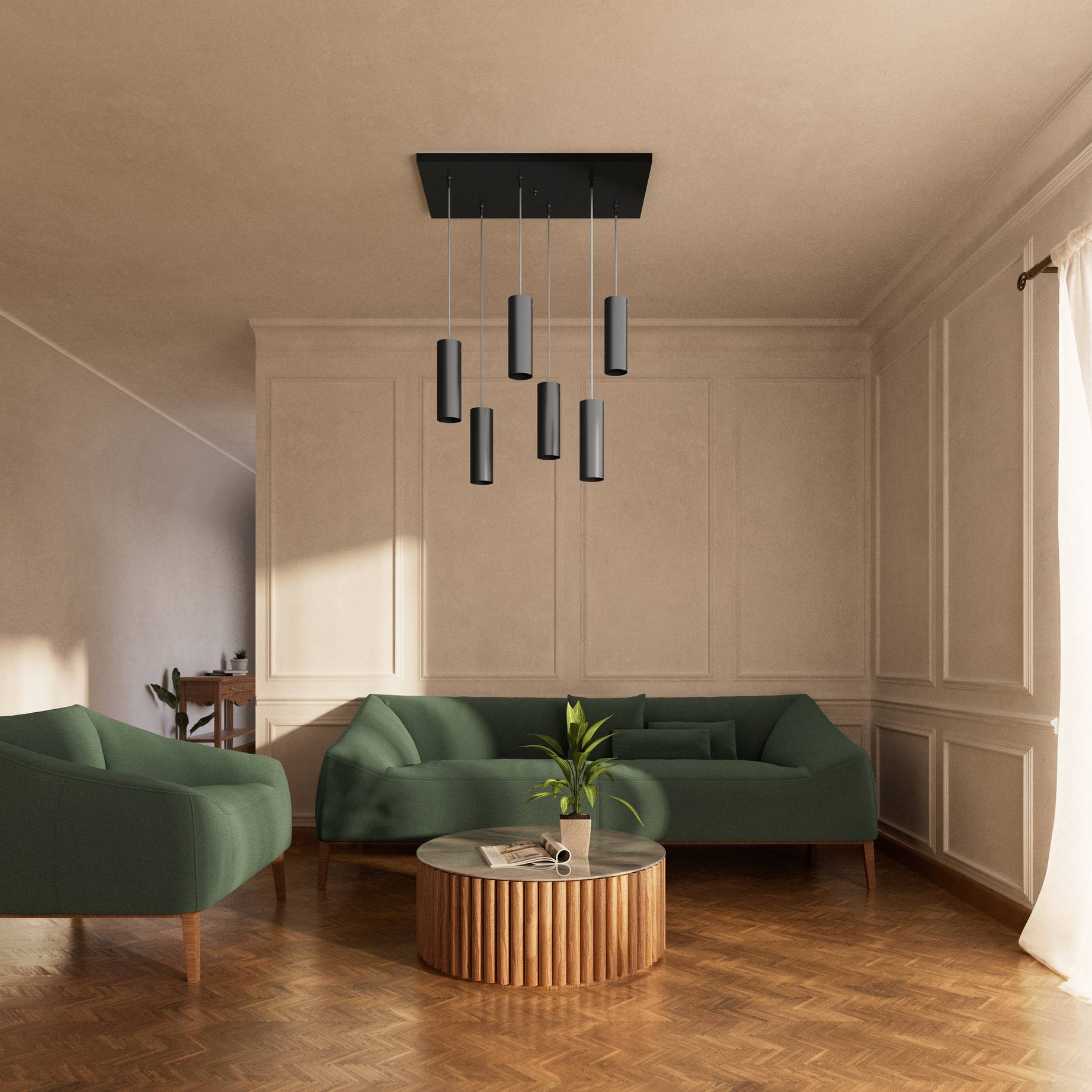 Modern pendant lamp with six brass cylinders arranged in cascade pattern, rectangular base, adjustable fabric cables, Venere design by Ghidini 1849 - Finish: ONO Matt Black