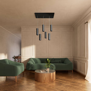 Modern pendant lamp with six brass cylinders arranged in cascade pattern, rectangular base, adjustable fabric cables, Venere design by Ghidini 1849 - Finish: ONO Matt Black