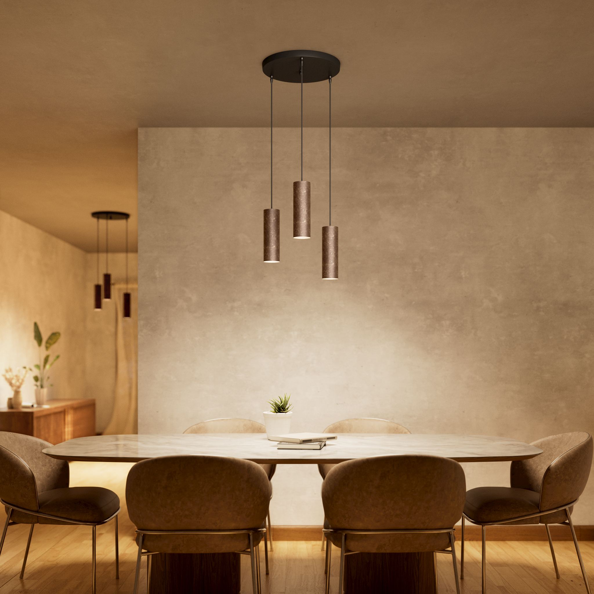 Modern pendant lamp with three brass cylinders and round matte black iron base, height-adjustable pendants, Venere design collection by Ghidini 1849 - Finish: OAS Antique Brass
