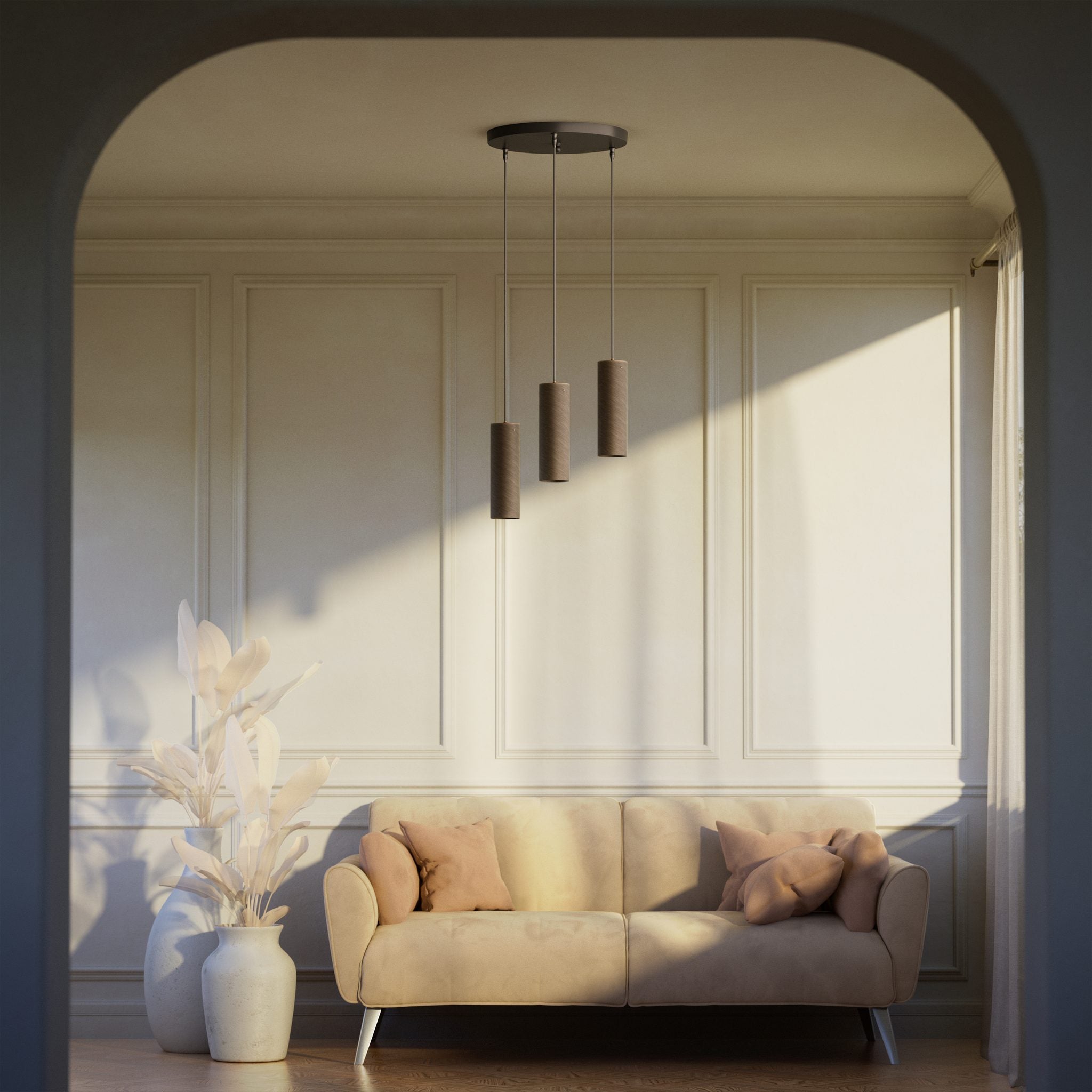 Modern pendant lamp with three brass cylinders and round matte black iron base, height-adjustable pendants, Venere design collection by Ghidini 1849 - Finish: OBM Bronze Satin Matt Brass