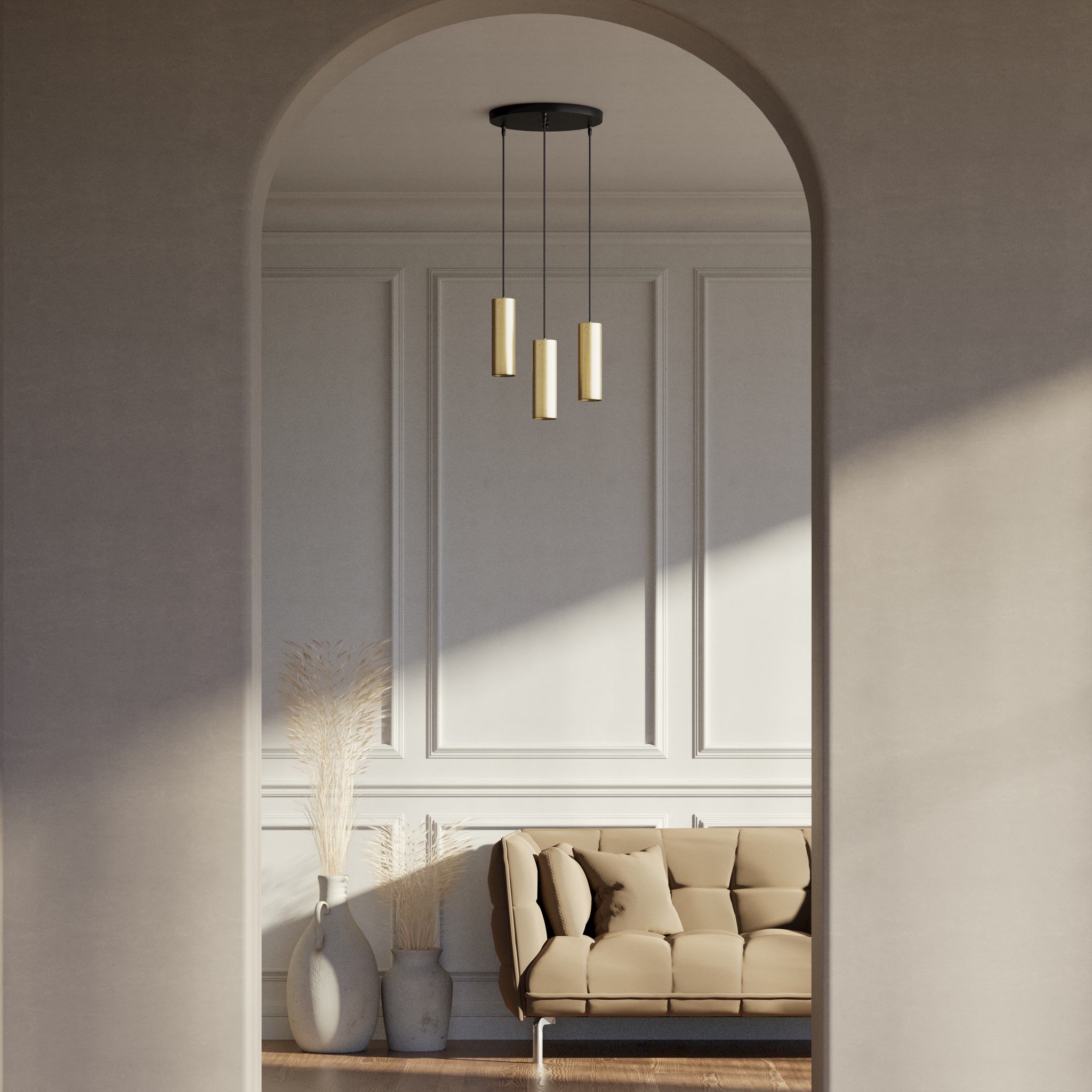 Modern pendant lamp with three brass cylinders and round matte black iron base, height-adjustable pendants, Venere design collection by Ghidini 1849 - Finish: OBV Bronze Satin Light Brass