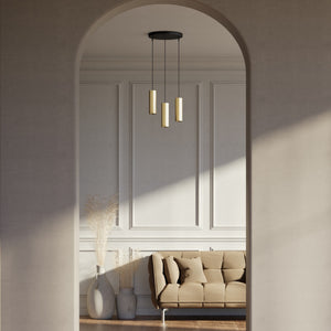 Modern pendant lamp with three brass cylinders and round matte black iron base, height-adjustable pendants, Venere design collection by Ghidini 1849 - Finish: OBV Bronze Satin Light Brass