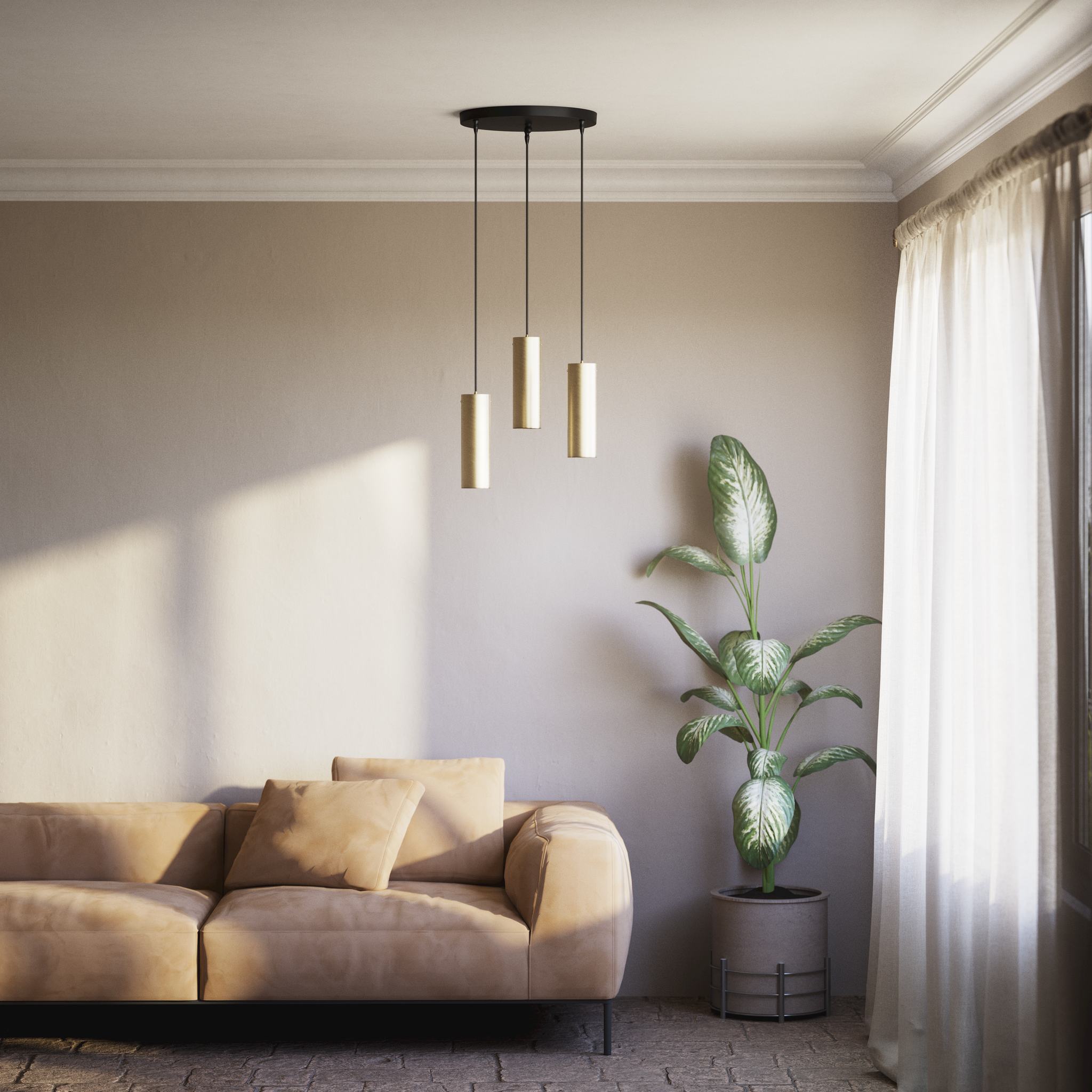 Modern pendant lamp with three brass cylinders and round matte black iron base, height-adjustable pendants, Venere design collection by Ghidini 1849 - Finish: OBV Bronze Satin Light Brass