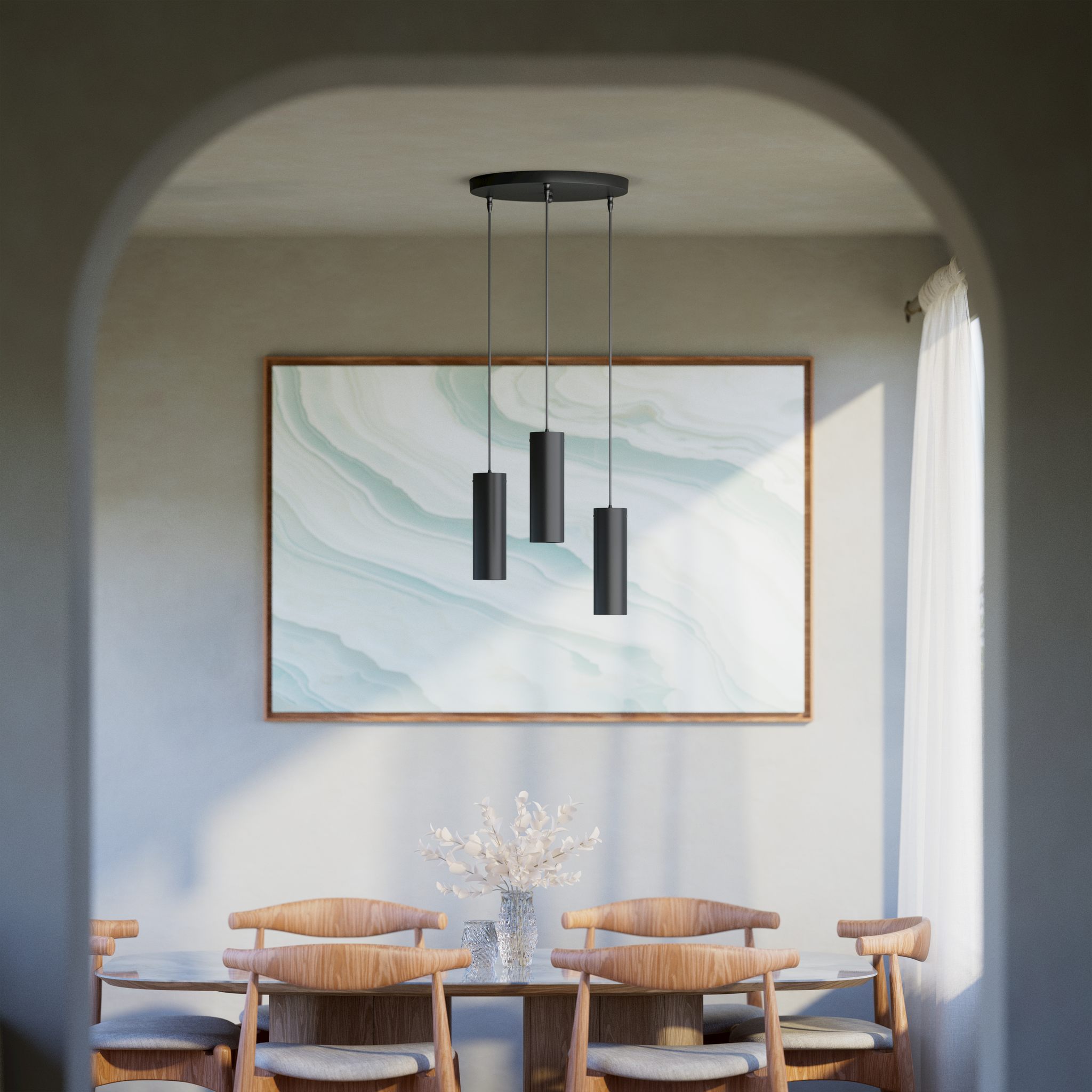Modern pendant lamp with three brass cylinders and round matte black iron base, height-adjustable pendants, Venere design collection by Ghidini 1849 - Finish: ONO Matt Black