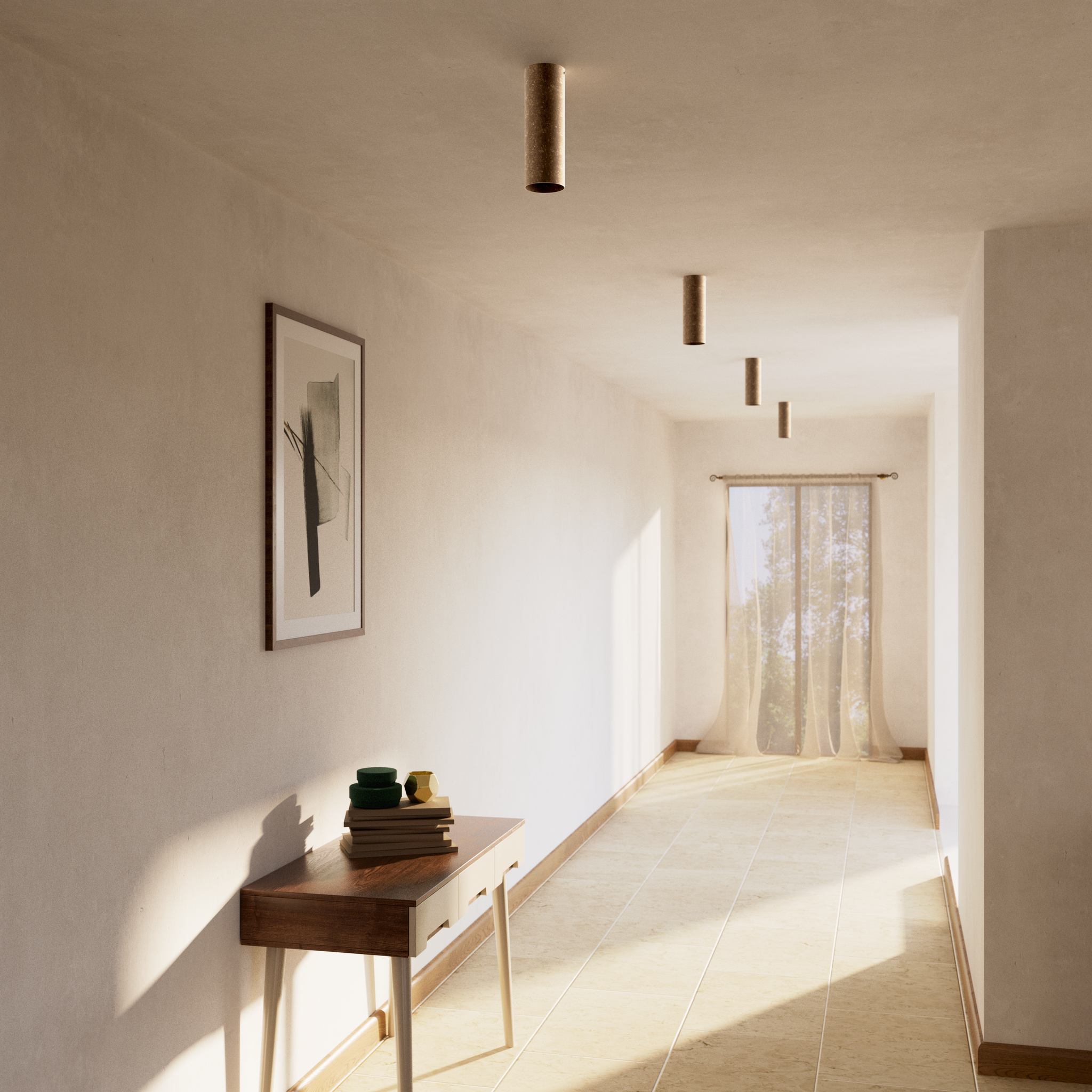 Cylindrical ceiling lamp in brass Venere installed in a contemporary hallway interior by Ghidini 1849 - Finish: OAS Antique Brass