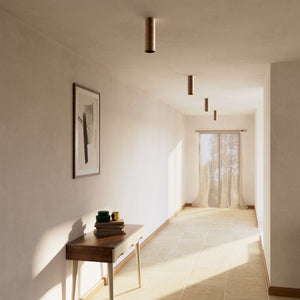 Cylindrical ceiling lamp in brass Venere installed in a contemporary hallway interior by Ghidini 1849 - Finish: OAS Antique Brass