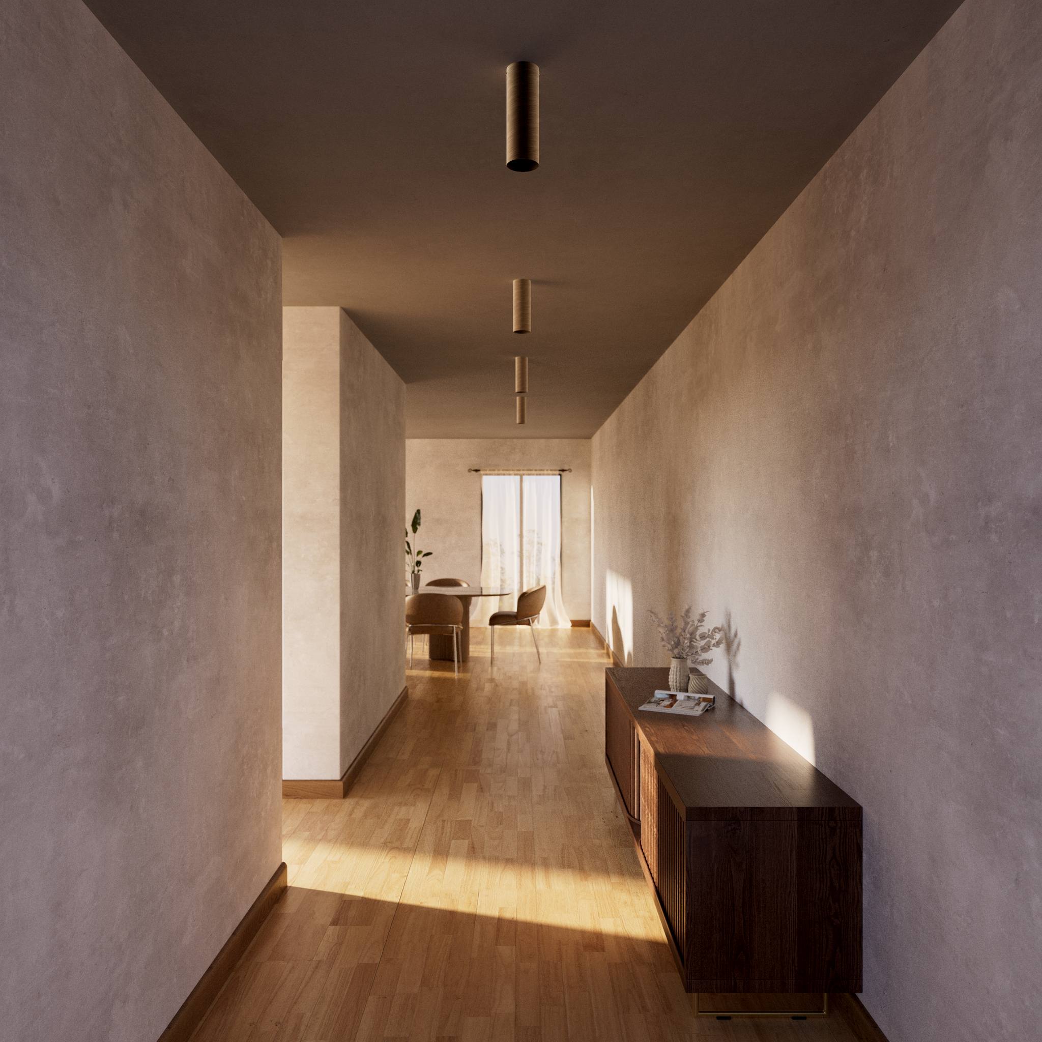 Cylindrical ceiling lamp in brass Venere installed in a contemporary hallway interior by Ghidini 1849 - Finish: OBM Bronze Satin Matt Brass