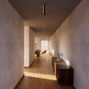 Cylindrical ceiling lamp in brass Venere installed in a contemporary hallway interior by Ghidini 1849 - Finish: OBM Bronze Satin Matt Brass