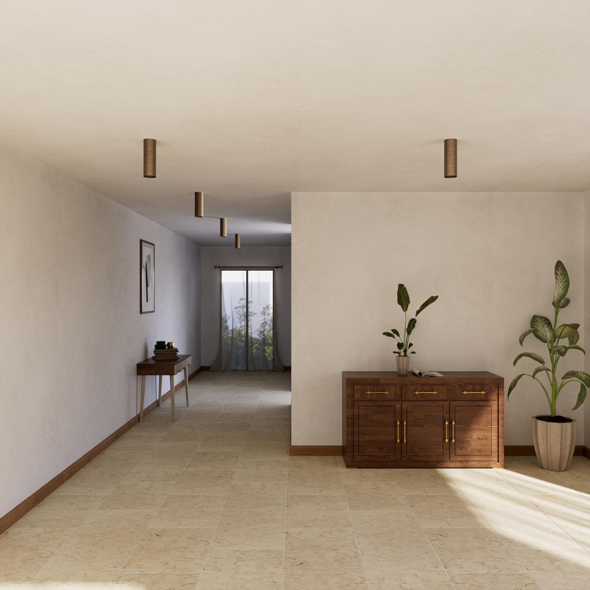 Cylindrical ceiling lamp in brass Venere installed in a contemporary hallway interior by Ghidini 1849 - Finish: OBM Bronze Satin Matt Brass