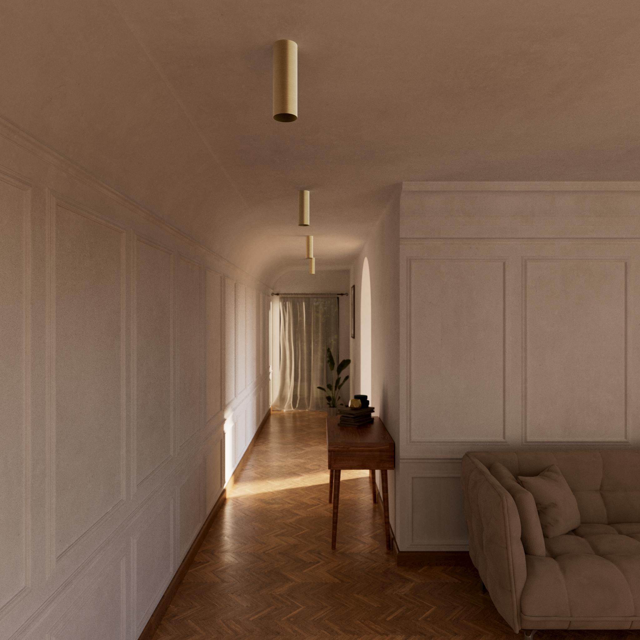 Cylindrical ceiling lamp in brass Venere installed in a contemporary hallway interior by Ghidini 1849 - Finish: OBV Bronze Satin Light Brass