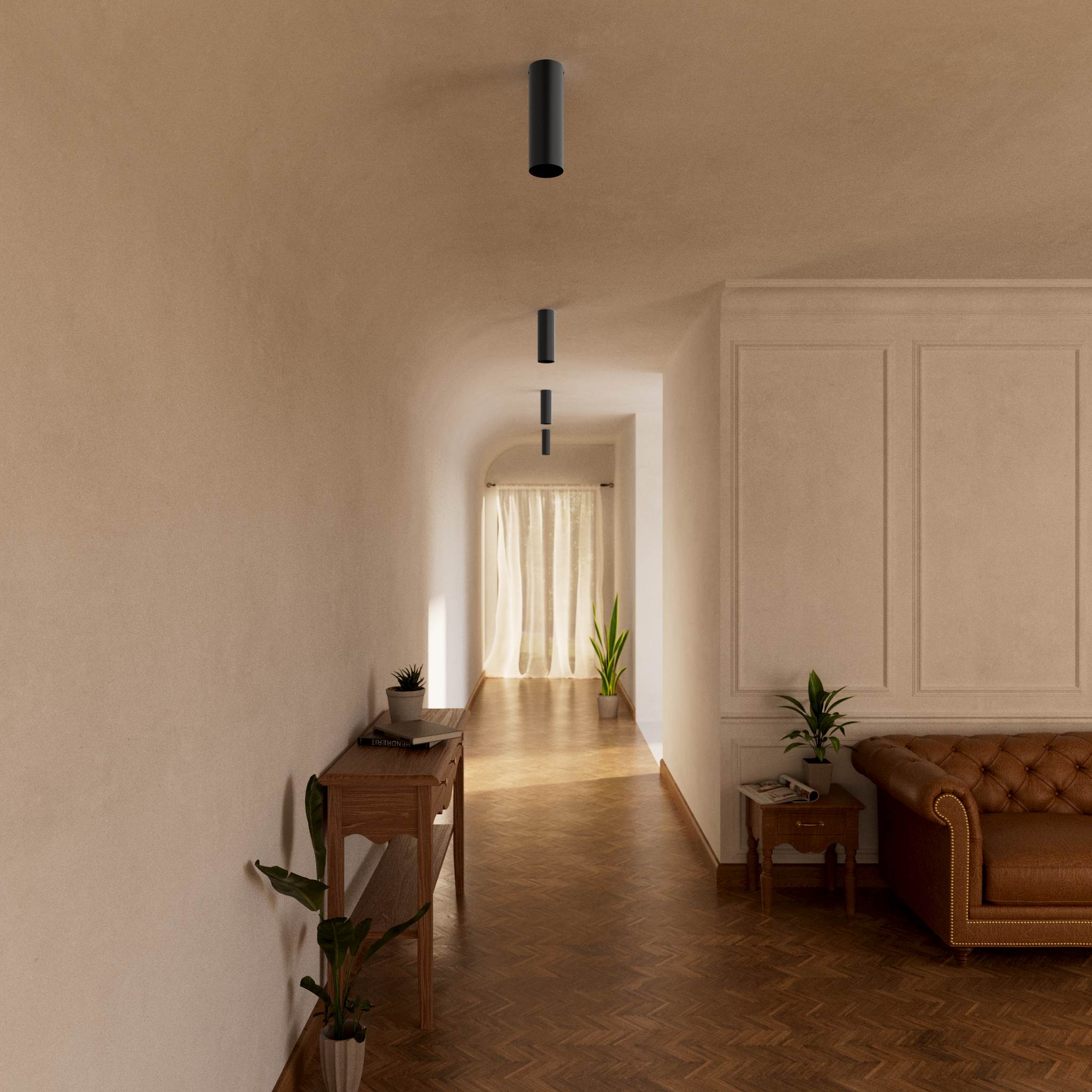 Cylindrical ceiling lamp in brass Venere installed in a contemporary hallway interior by Ghidini 1849 - Finish: ONO Matt Black