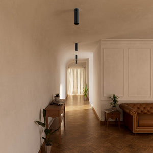 Cylindrical ceiling lamp in brass Venere installed in a contemporary hallway interior by Ghidini 1849 - Finish: ONO Matt Black