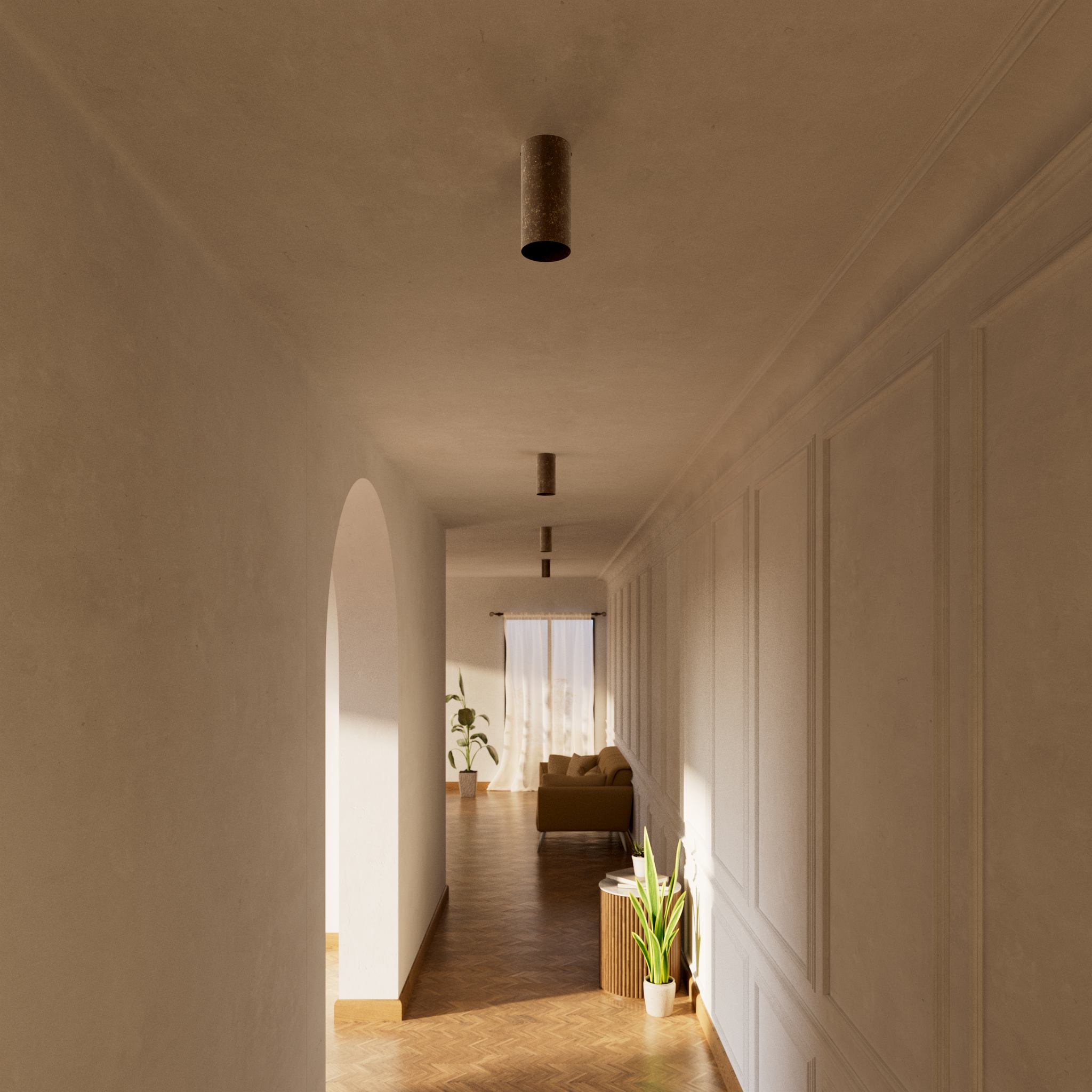 Cylinder ceiling lamp in brass with compact body installed on the ceiling of an elegant corridor by Ghidini 1849 - Finish: OAS Antique Brass
