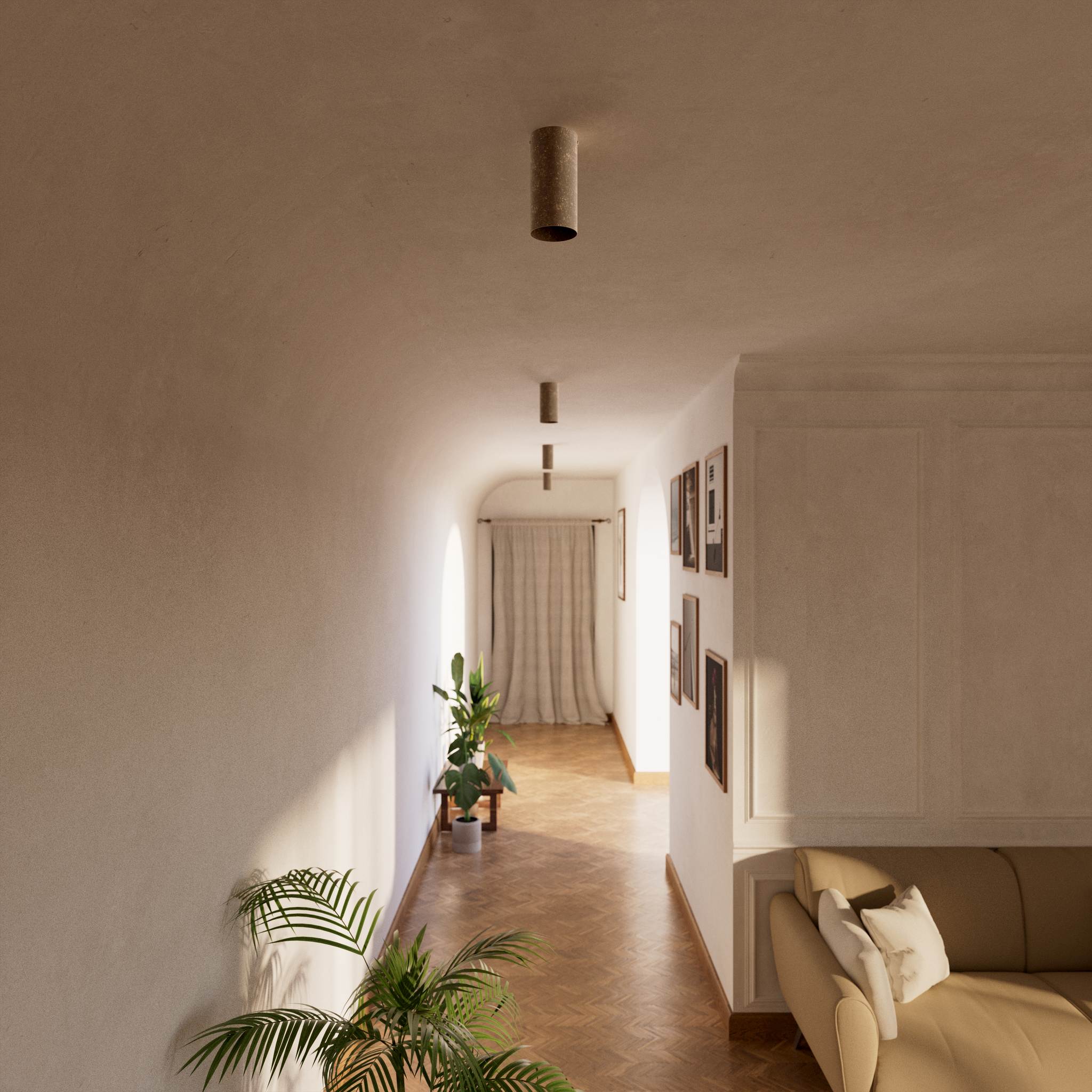 Cylinder ceiling lamp in brass with compact body installed on the ceiling of an elegant corridor by Ghidini 1849 - Finish: OAS Antique Brass