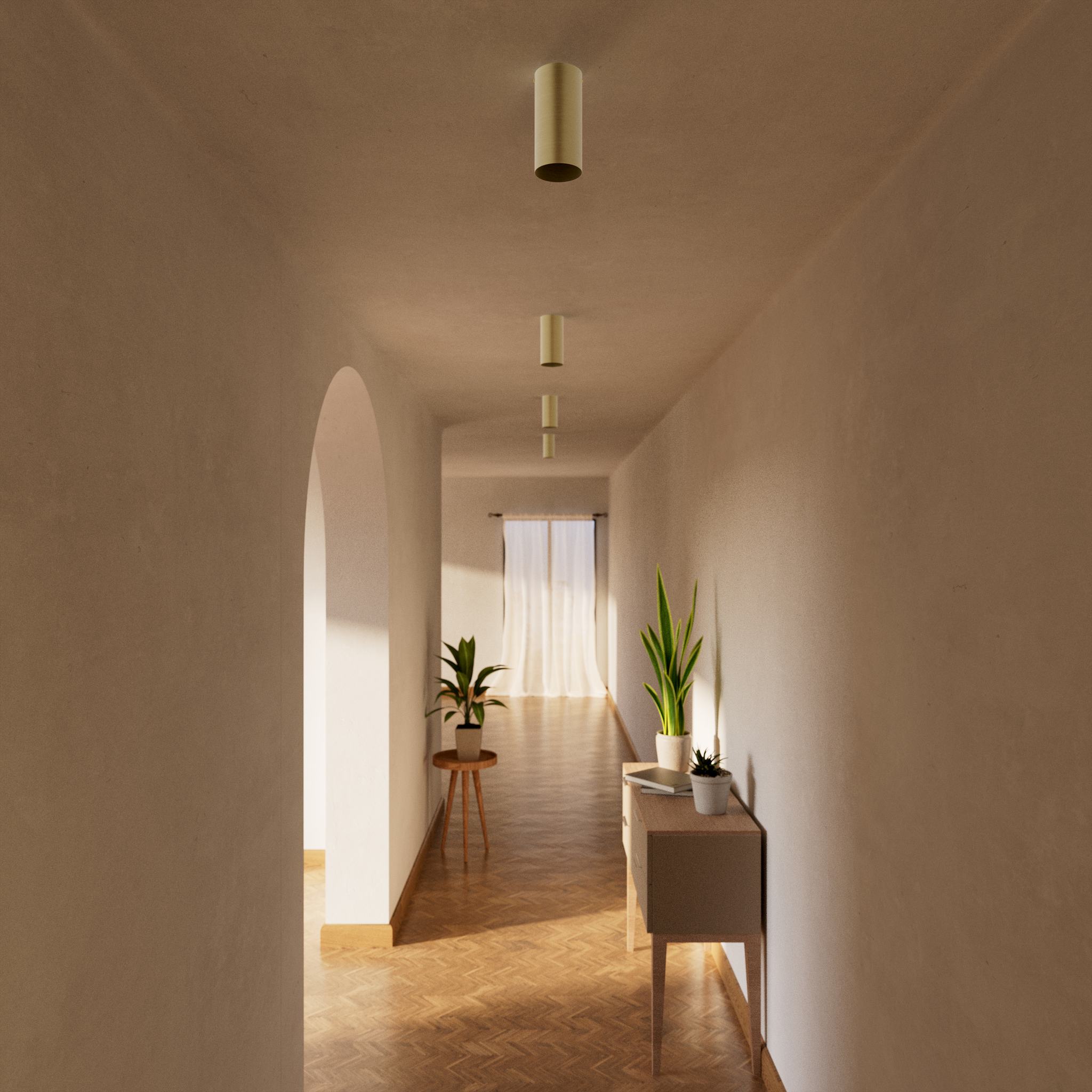 Cylinder ceiling lamp in brass with compact body installed on the ceiling of an elegant corridor by Ghidini 1849 - Finish: OBV Bronze Satin Light Brass