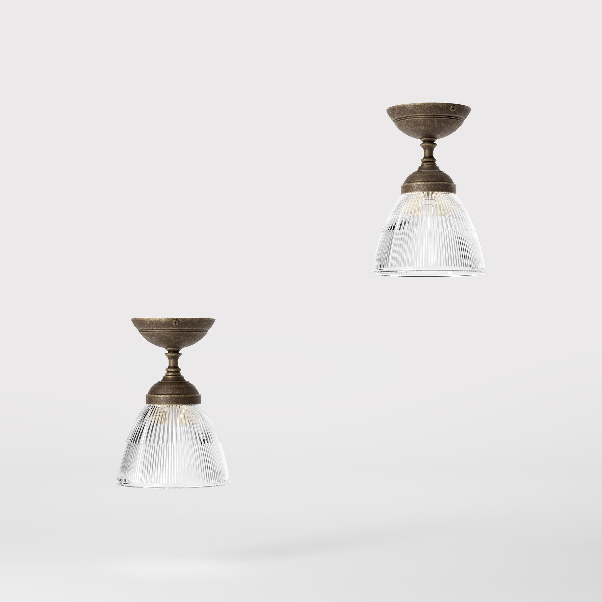 Classic ceiling lamp in brass with a clear conical ribbed glass shade from the Elide range by Ghidini 1849 - Finish: OAS Antique Brass