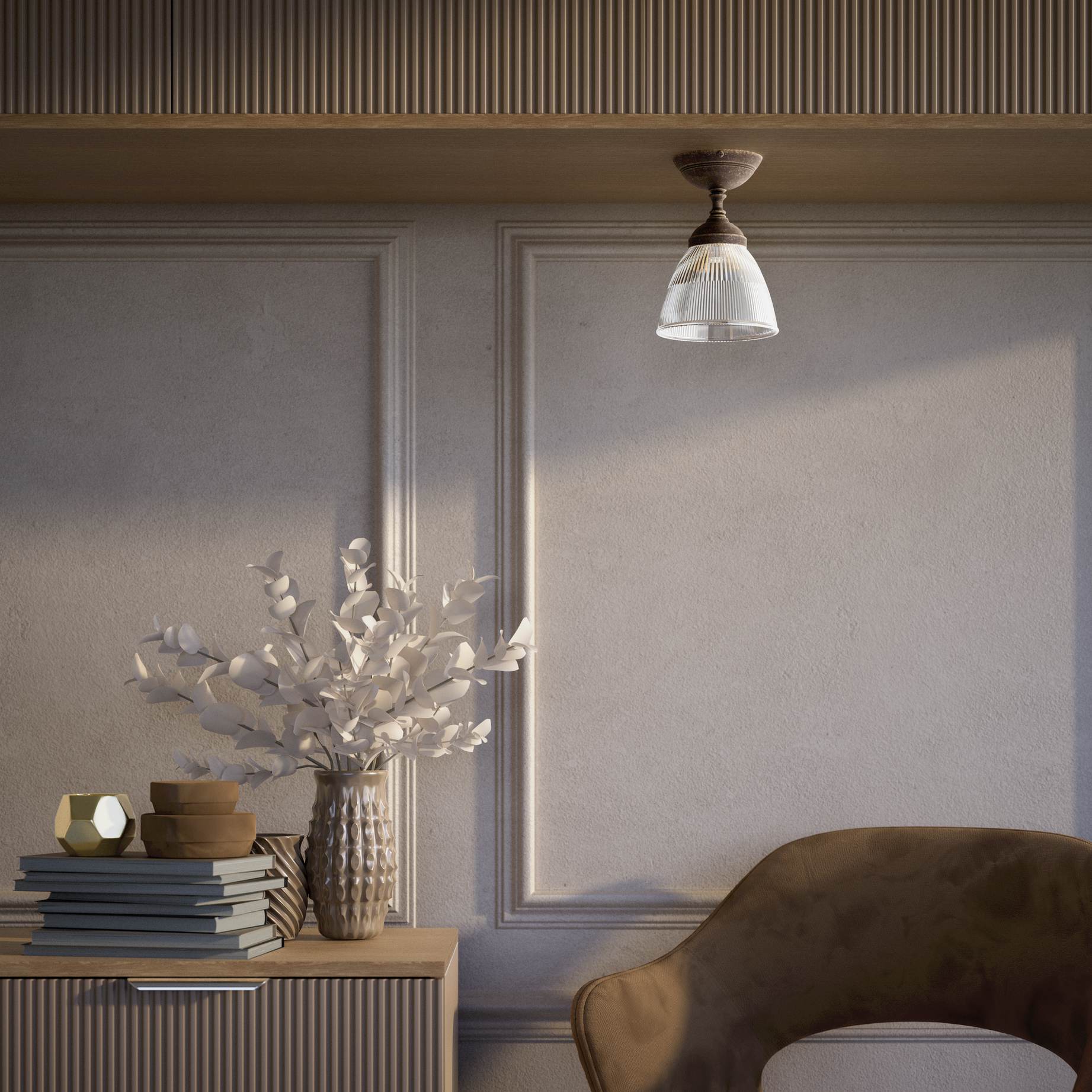 Classic ceiling lamp in brass with a clear conical ribbed glass shade from the Elide range by Ghidini 1849 - Finish: OAS Antique Brass