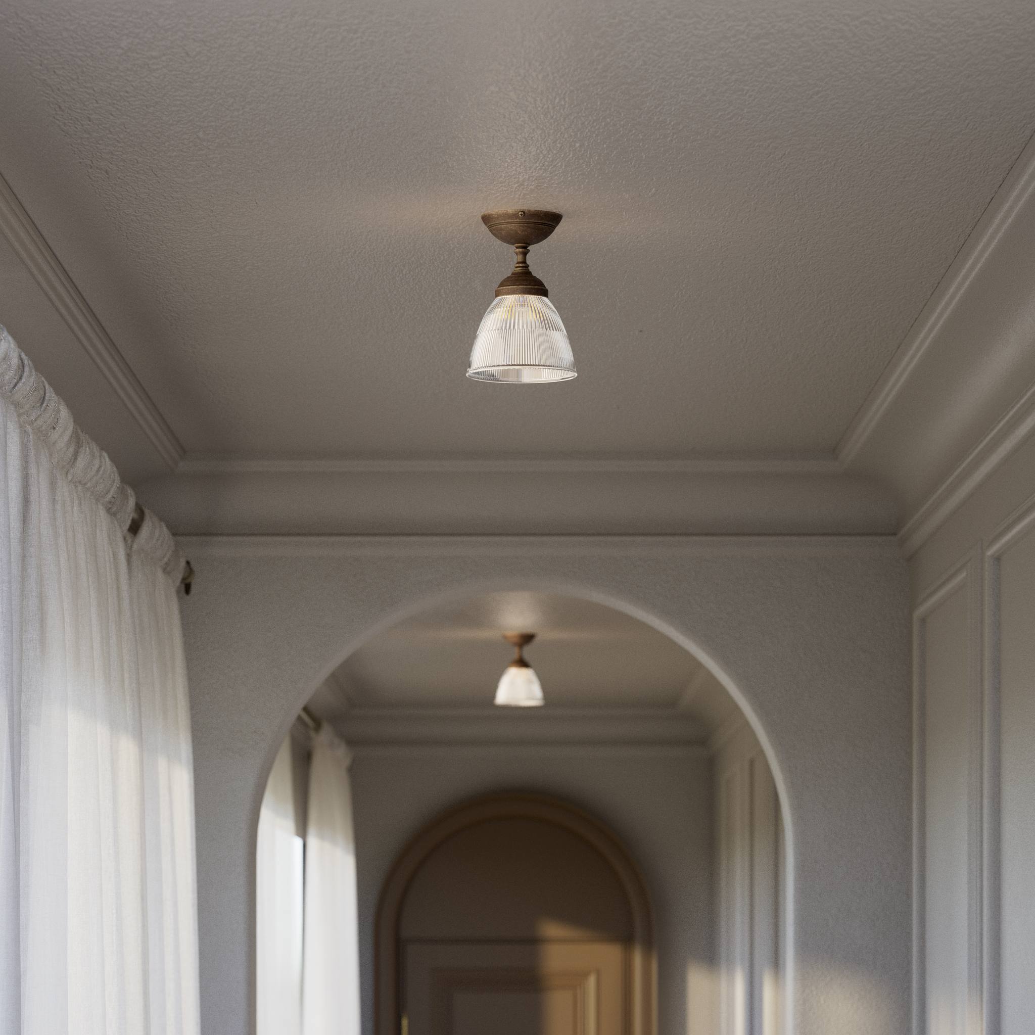 Classic ceiling lamp in brass with a clear conical ribbed glass shade from the Elide range by Ghidini 1849 - Finish: OAS Antique Brass