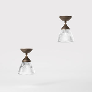 Classic ceiling lamp in brass with a clear conical ribbed glass shade from the Elide range by Ghidini 1849 - Finish: OBM Bronze Satin Matt Brass