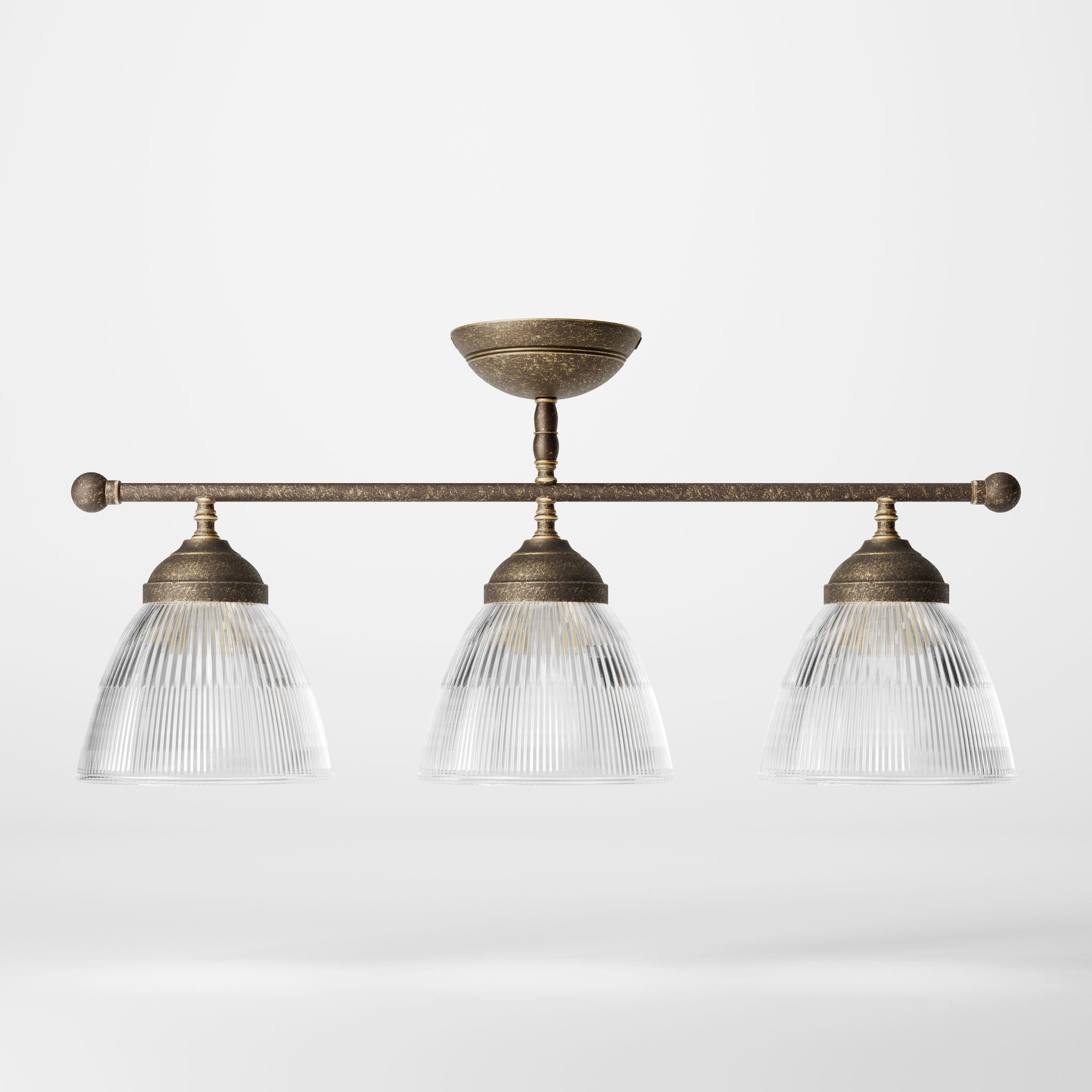 Ceiling lamp in brass with three ribbed glass shades, classic design, Made in Italy, ideal for interior lighting by Ghidini 1849 - Finish: OAS Antique Brass