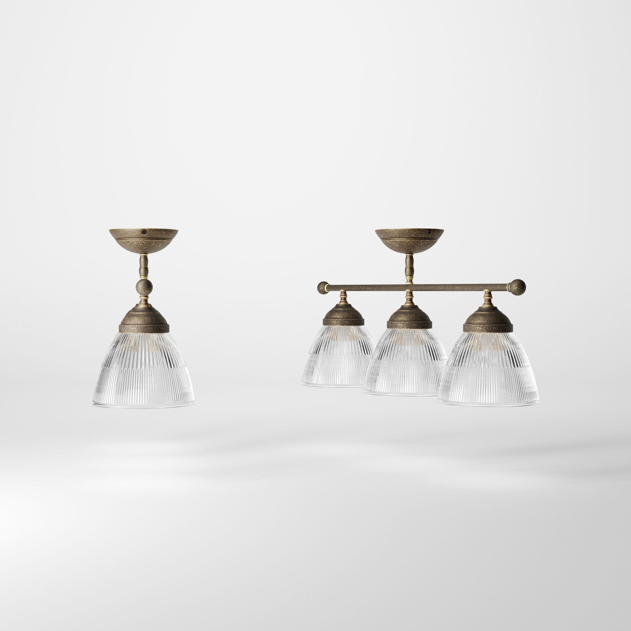 Ceiling lamp in brass with three ribbed glass shades, classic design, Made in Italy, ideal for interior lighting by Ghidini 1849 - Finish: OAS Antique Brass