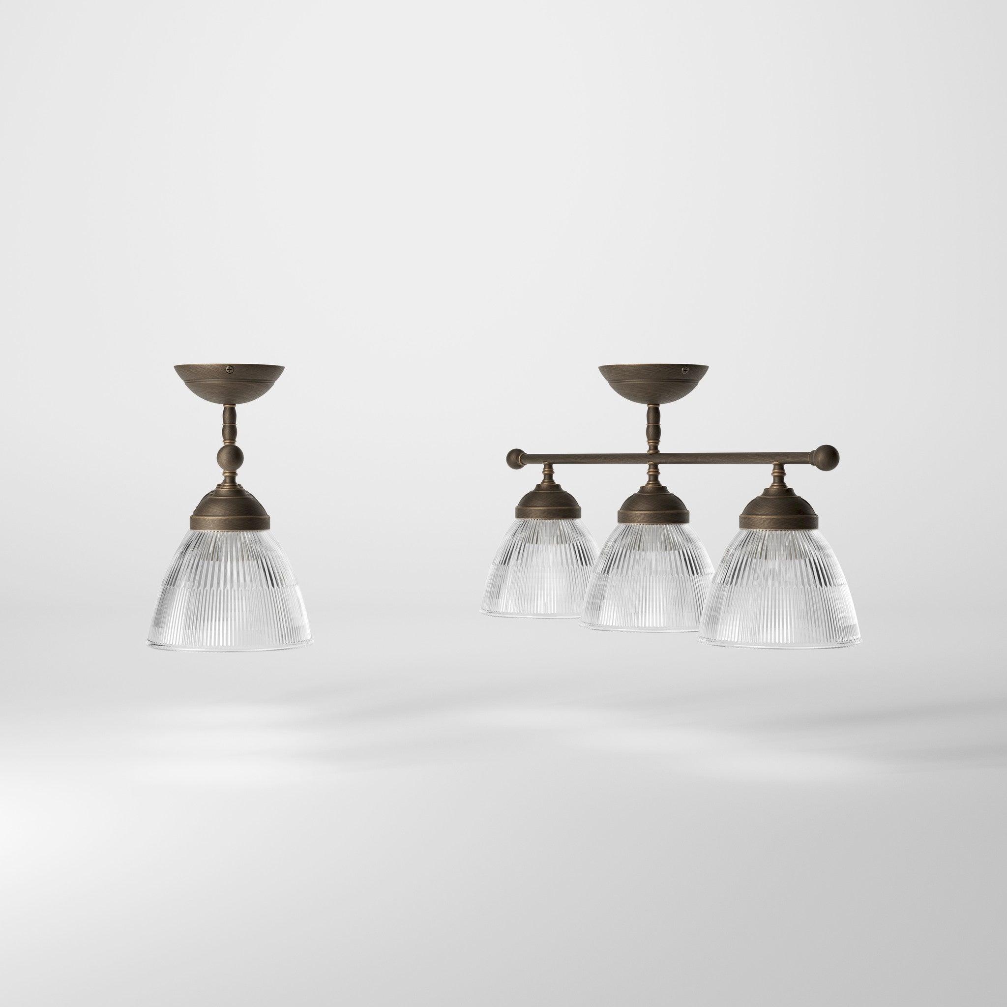 Ceiling lamp in brass with three ribbed glass shades, classic design, Made in Italy, ideal for interior lighting by Ghidini 1849 - Finish: OBM Bronze Satin Matt Brass