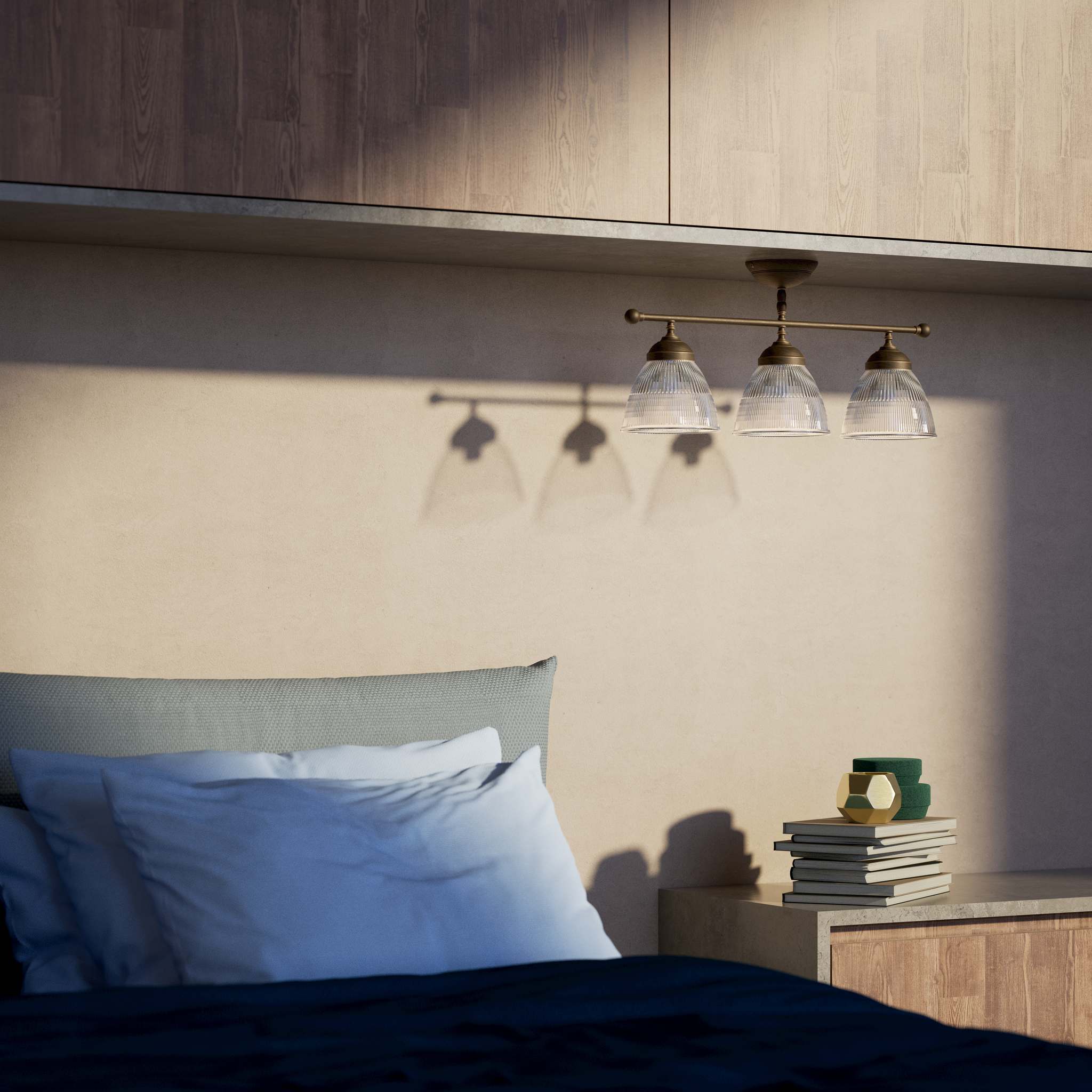 Ceiling lamp in brass with three ribbed glass shades, classic design, Made in Italy, ideal for interior lighting by Ghidini 1849 - Finish: OBM Bronze Satin Matt Brass