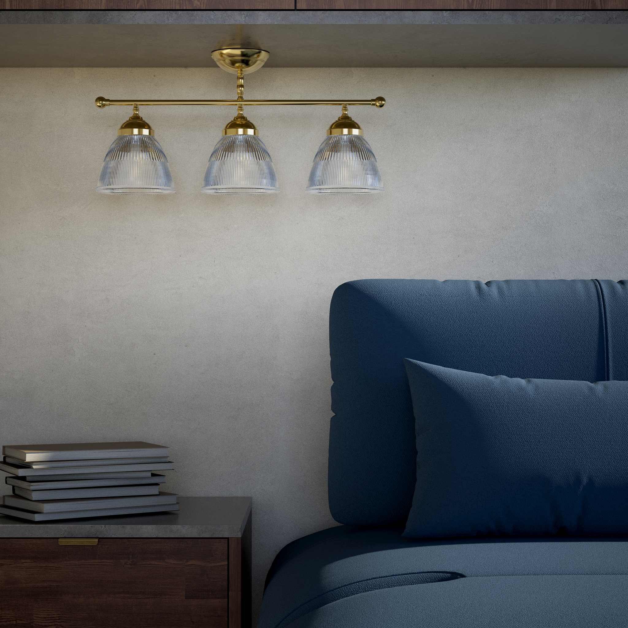 Ceiling lamp in brass with three ribbed glass shades, classic design, Made in Italy, ideal for interior lighting by Ghidini 1849 - Finish: OLV Polished Brass