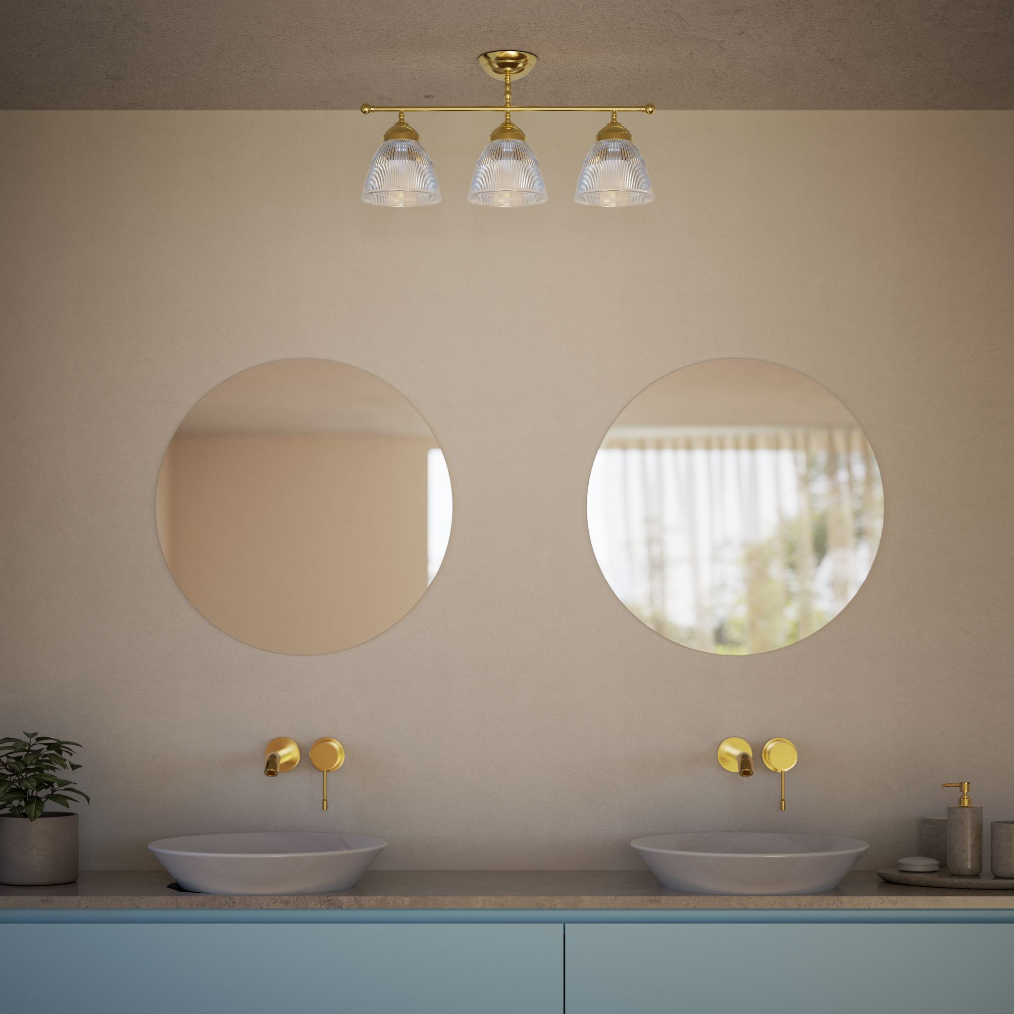 Ceiling lamp in brass with three ribbed glass shades, classic design, Made in Italy, ideal for interior lighting by Ghidini 1849 - Finish: OLV Polished Brass