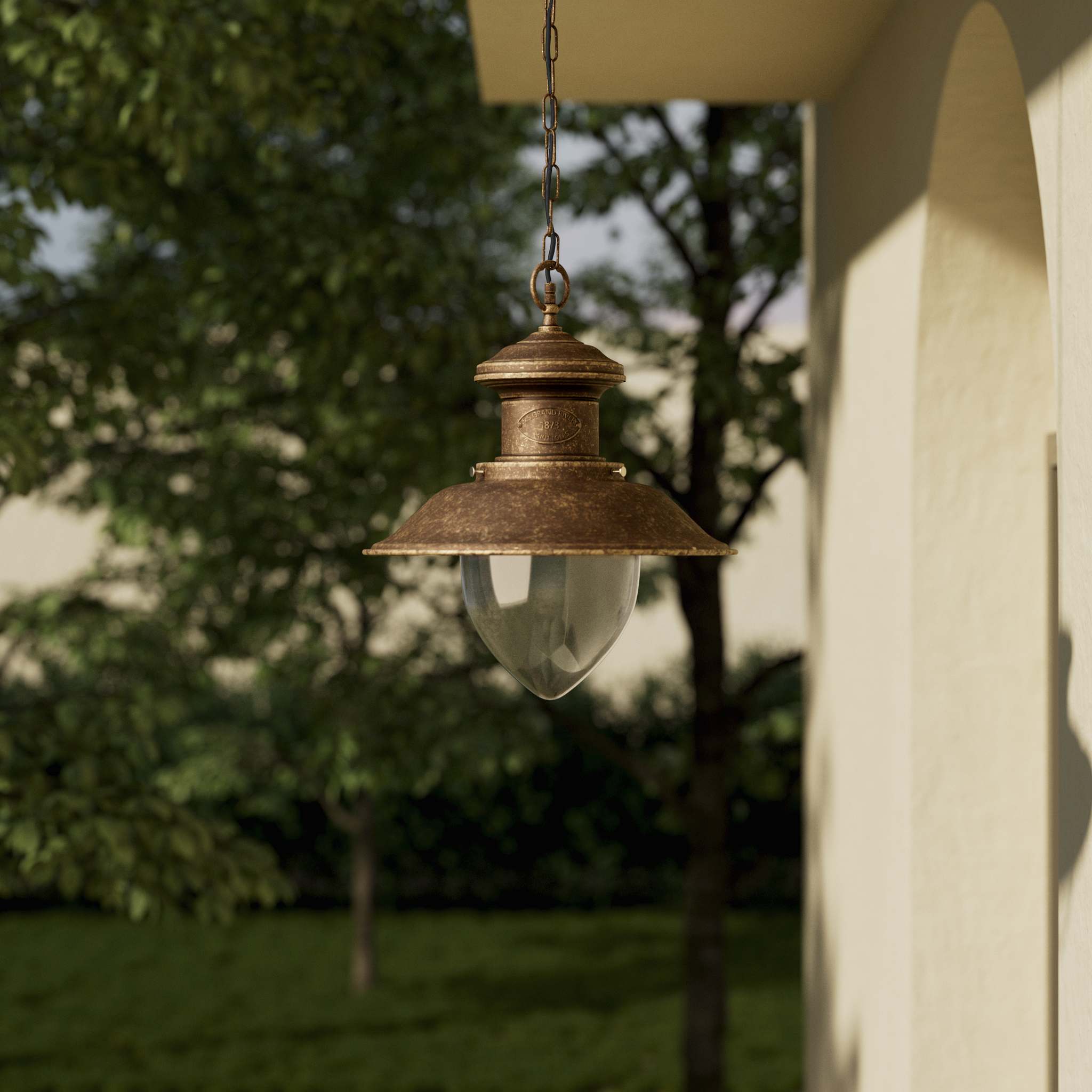 Outdoor pendant lantern in maritime style with pinecone-shaped glass diffuser and adjustable chain by Ghidini 1849 - Finish: OAS Antique Brass