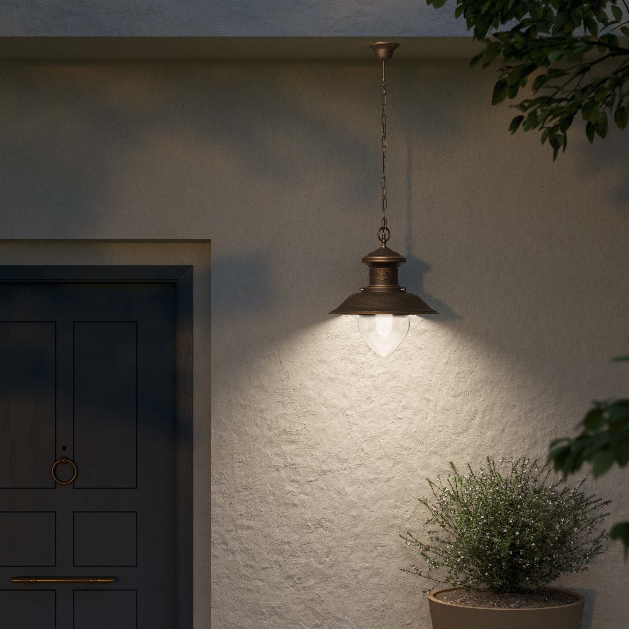 Outdoor pendant lantern in maritime style with pinecone-shaped glass diffuser and adjustable chain by Ghidini 1849 - Finish: OBM Bronze Satin Matt Brass