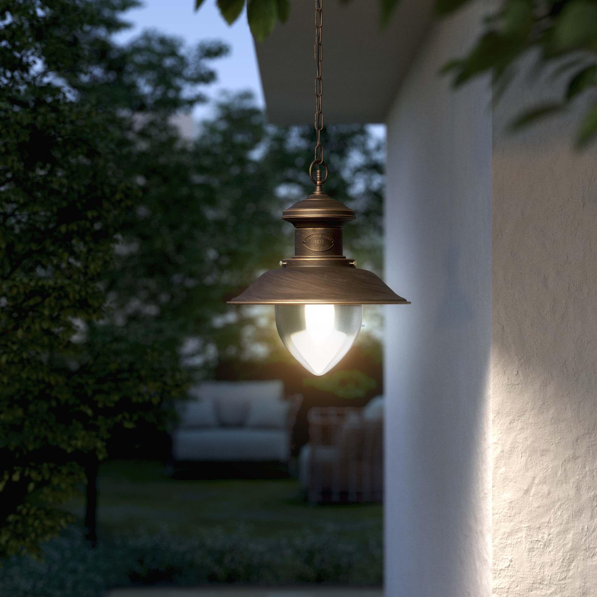Outdoor pendant lantern in maritime style with pinecone-shaped glass diffuser and adjustable chain by Ghidini 1849 - Finish: OBM Bronze Satin Matt Brass