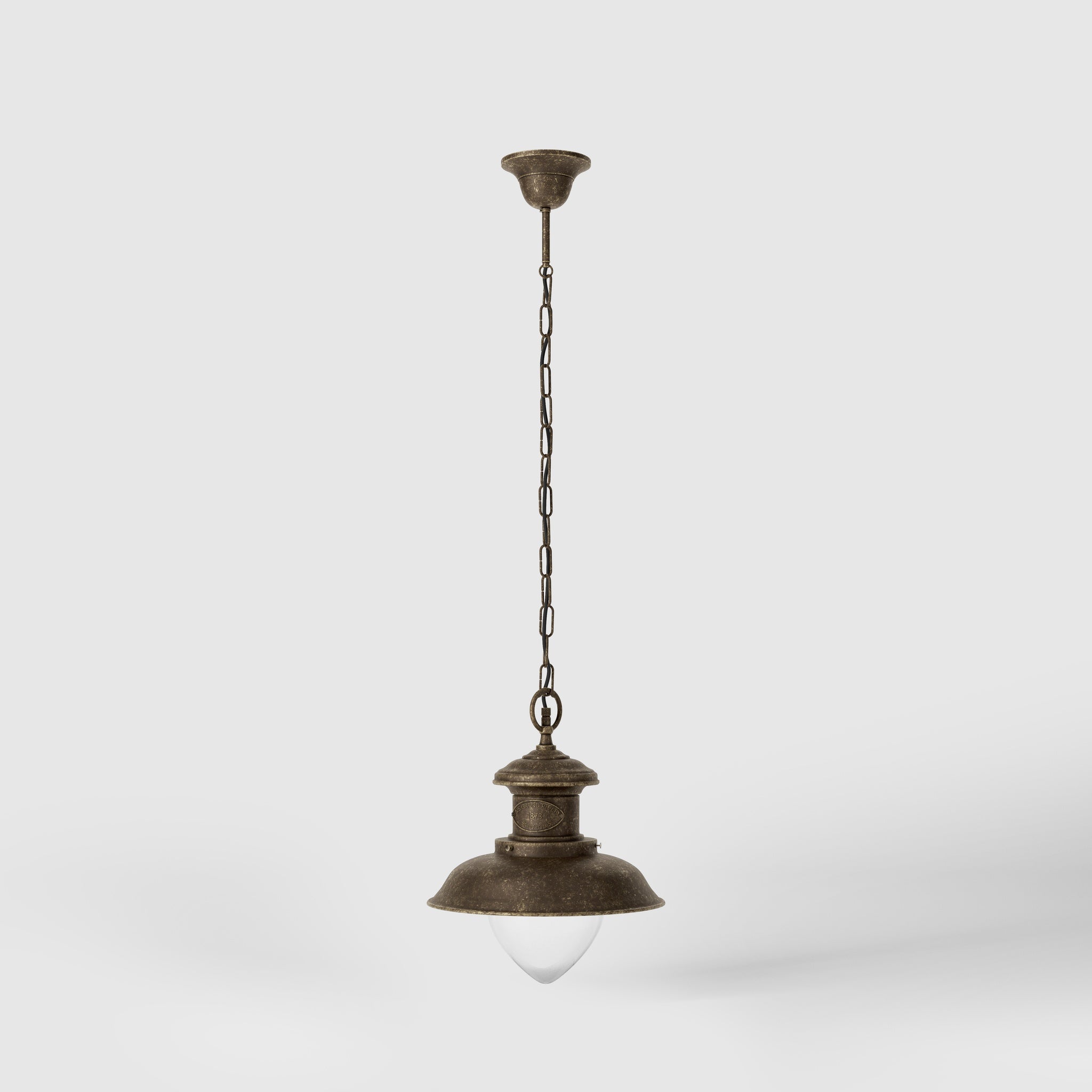 Outdoor brass pendant lamp with transparent pinecone glass, nautical style with chain, garden lighting Amalfi collection by Ghidini 1849 - Finish: OAS Antique Brass