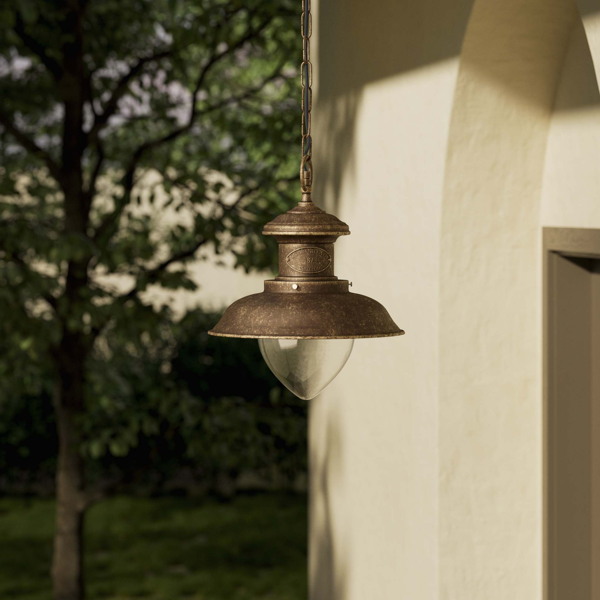 Outdoor brass pendant lamp with transparent pinecone glass, nautical style with chain, garden lighting Amalfi collection by Ghidini 1849 - Finish: OAS Antique Brass