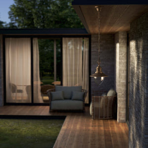 Outdoor brass pendant lamp with transparent glass traditional harbour lantern style with chain Amalfi collection by Ghidini 1849 - Finish: OBM Bronze Satin Matt Brass