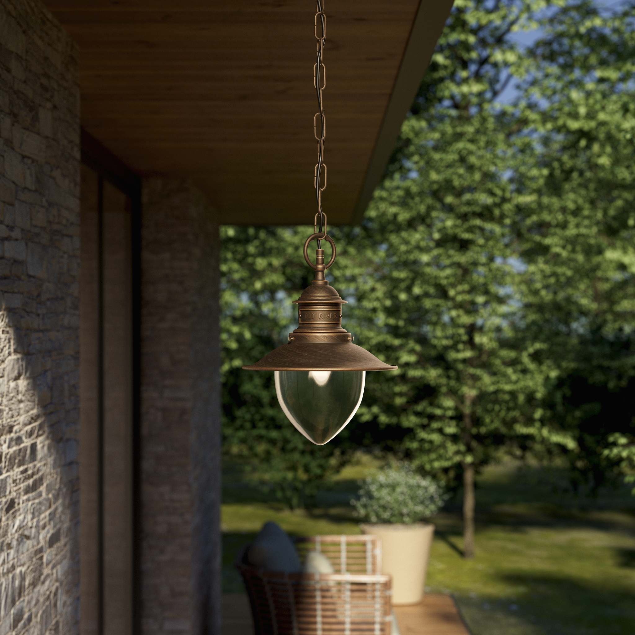 Outdoor brass pendant lamp with transparent glass traditional harbour lantern style with chain Amalfi collection by Ghidini 1849 - Finish: OBM Bronze Satin Matt Brass