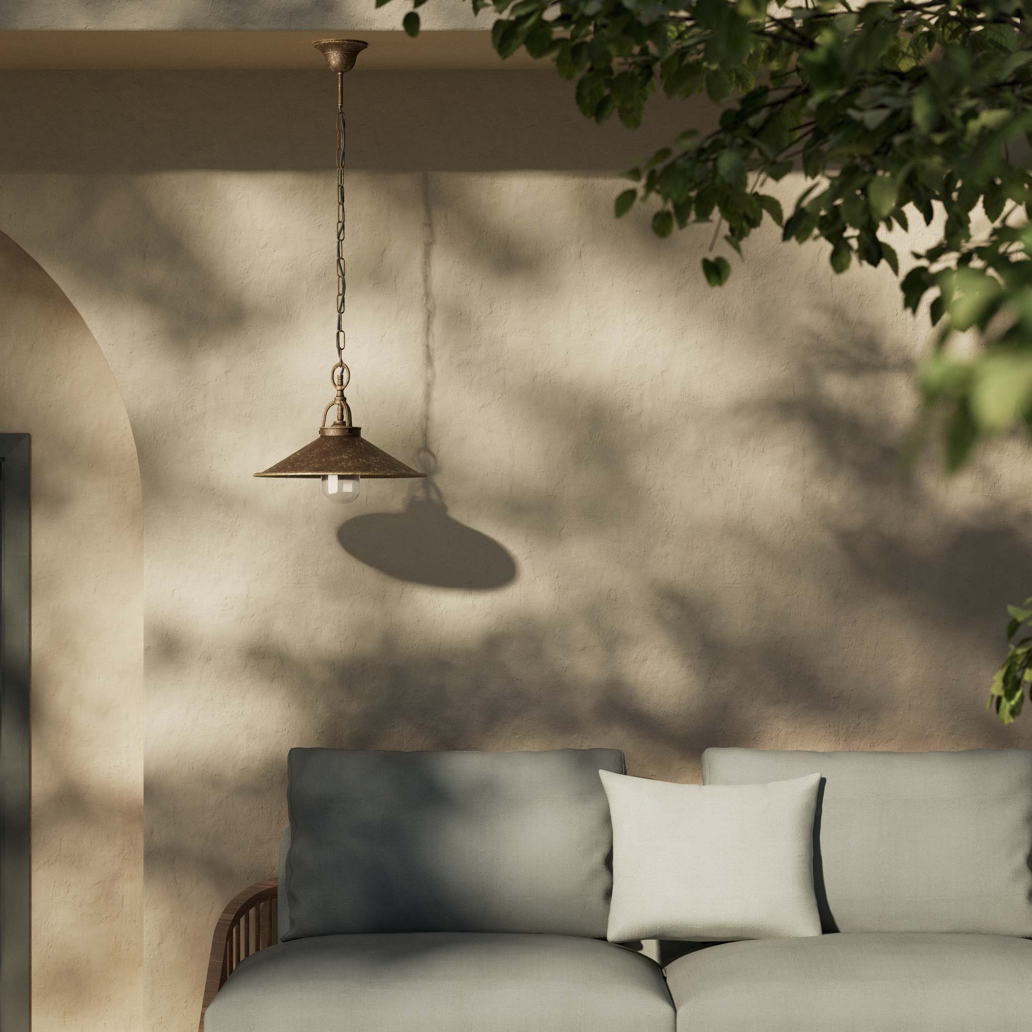 Classic outdoor pendant lamp in brass with adjustable chain conical shade and transparent glass diffuser Giada collection by Ghidini 1849 - Finish: OAS Antique Brass