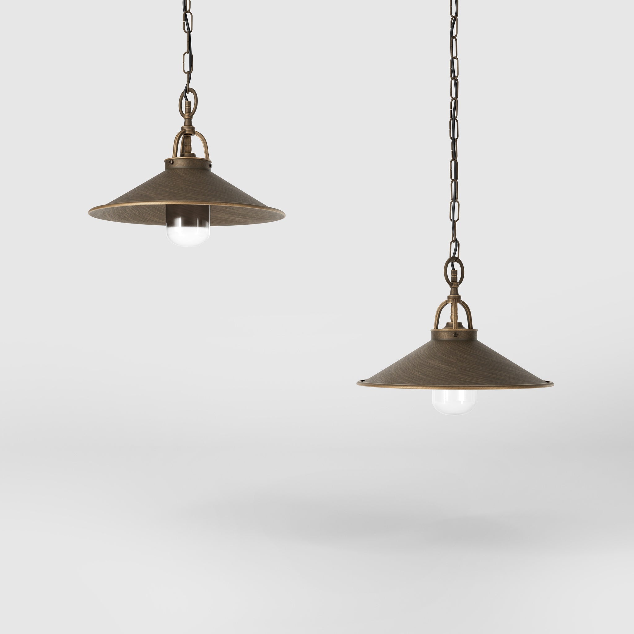 Classic outdoor pendant lamp in brass with adjustable chain conical shade and transparent glass diffuser Giada collection by Ghidini 1849 - Finish: OBM Bronze Satin Matt Brass