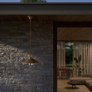 Classic outdoor pendant lamp in brass with adjustable chain conical shade and transparent glass diffuser Giada collection by Ghidini 1849 - Finish: OBM Bronze Satin Matt Brass
